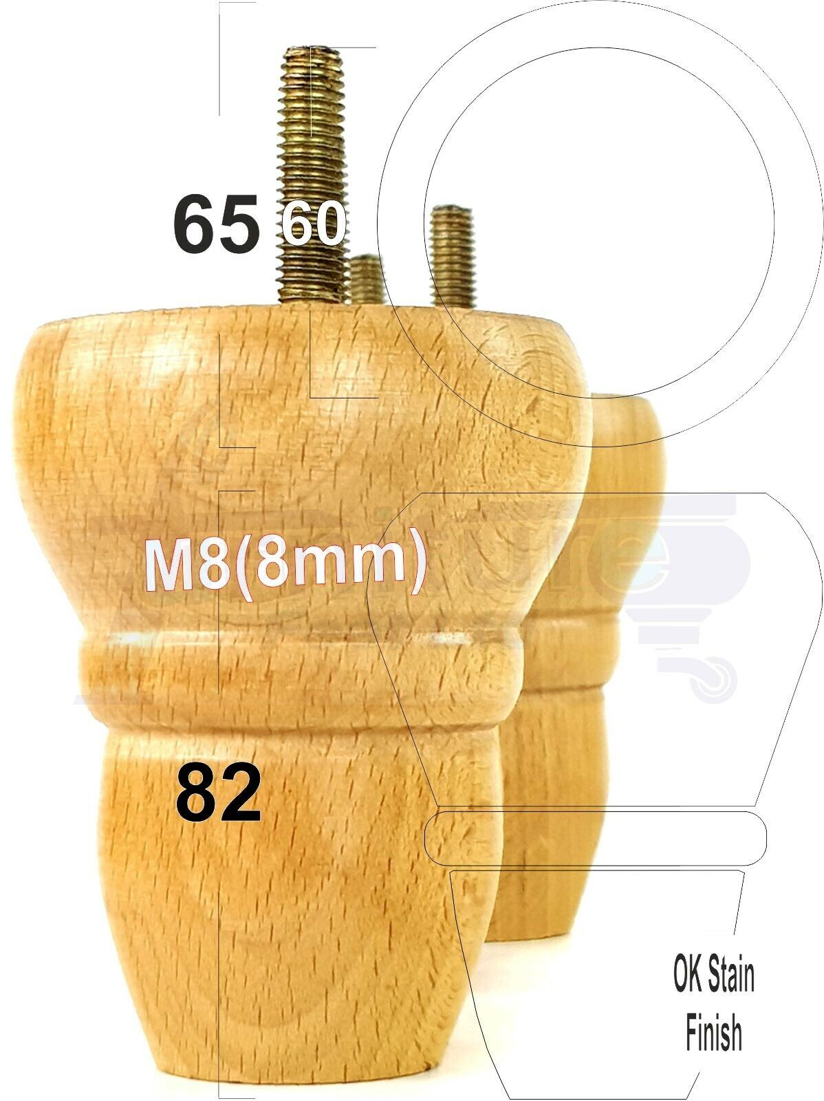 4x Turned Wood Repacement Furniture Legs M8 Sofa Chair Settee Feet 82mm