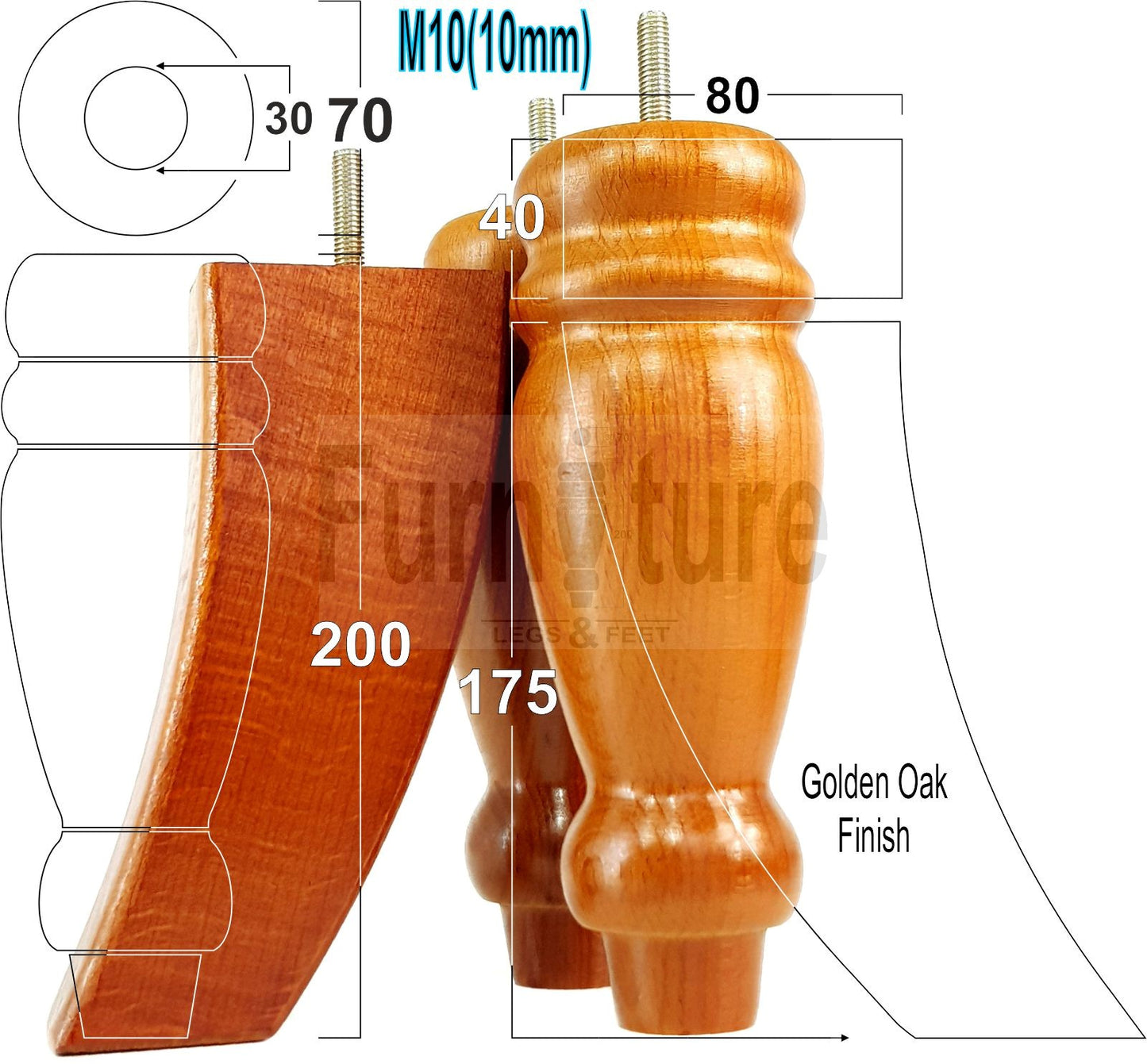 2x Furniture Legs Replacement Sofa Feet 200mm & 2x Curved Legs 175mm for Chairs Sofa Settee M10 Thread