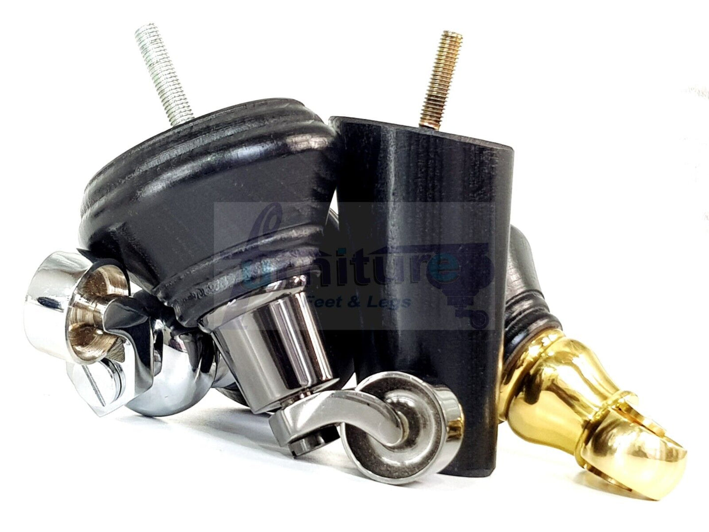 2 Black Wood Furniture Sofa Legs With Castor 125mm & 2 Angled Back Feet Chair Settee 100mm High M8