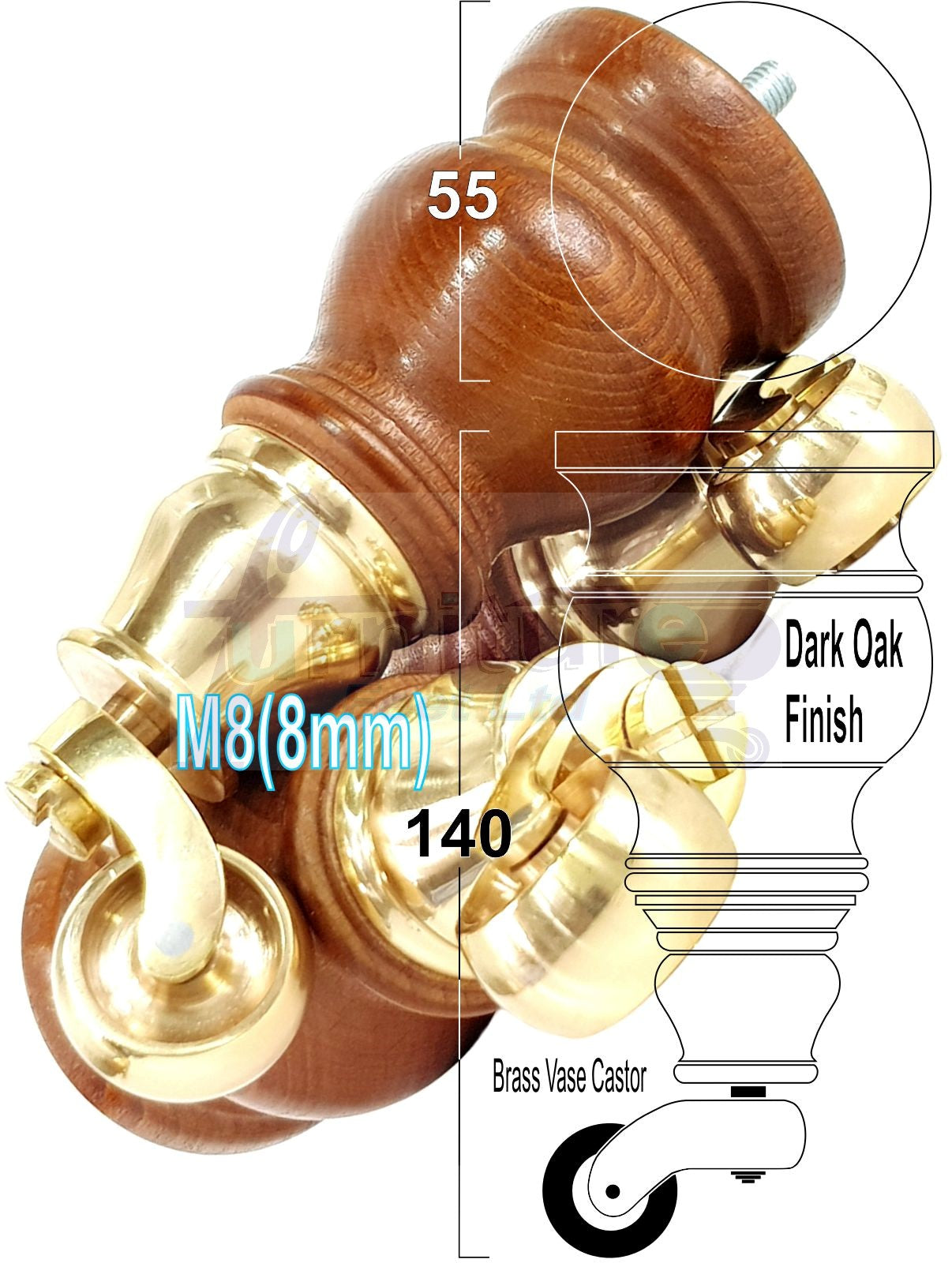 Set Of 4 Turned Wood Furniture Legs With 150mm High Castor 8mm Thread For Chairs Settees & Cabinets Dark Oak Finish