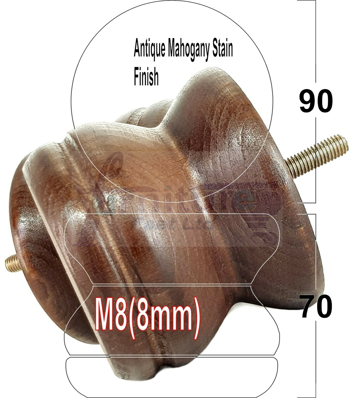 4x Turned Solid Wood Furniture Legs Replacement Bun Feet 70mm High 8mm Thread
