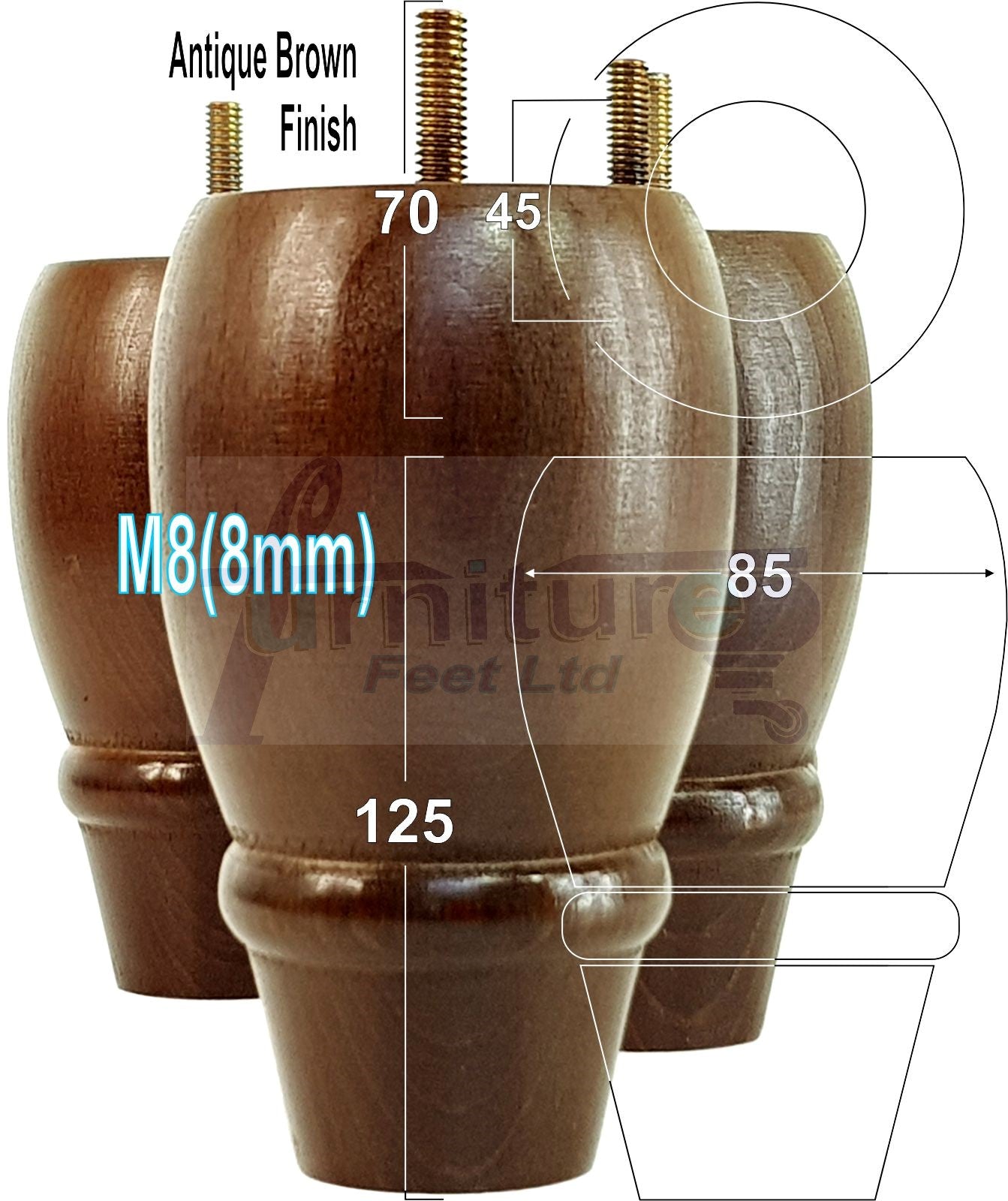 Set Of 4 Solid Wood Turned Replacement Furniture Legs 125mm High 8mm Thread