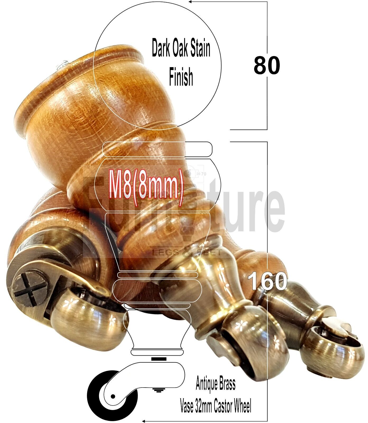 4 Turned Wood Feet Dark Oak Stain Castor Legs Chair Furniture Stools Sofa Chairs M8 160mm 6 Inch High