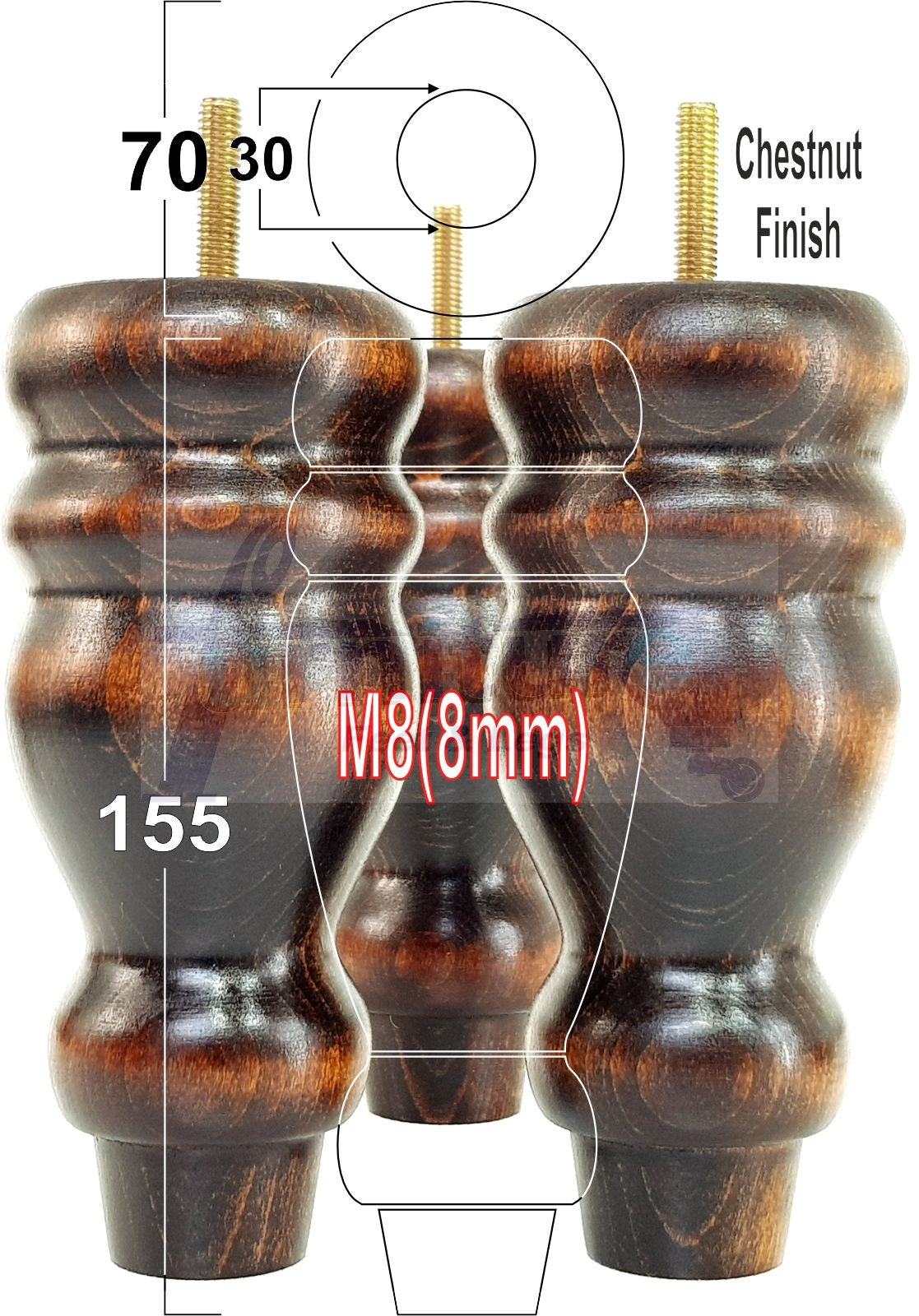 Set Of 4 Turned Wood Furniture Replacement Feet 155mm High 8mm Tread