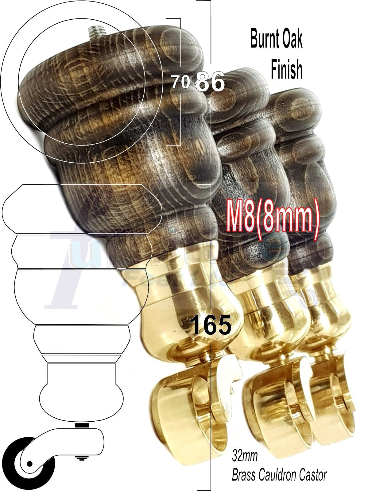 4 Turned Wood Furniture Feet With Brass Cauldron Castors 160mm Legs Sofas Chairs Stools Cabinets Beds M8 6 Inches
