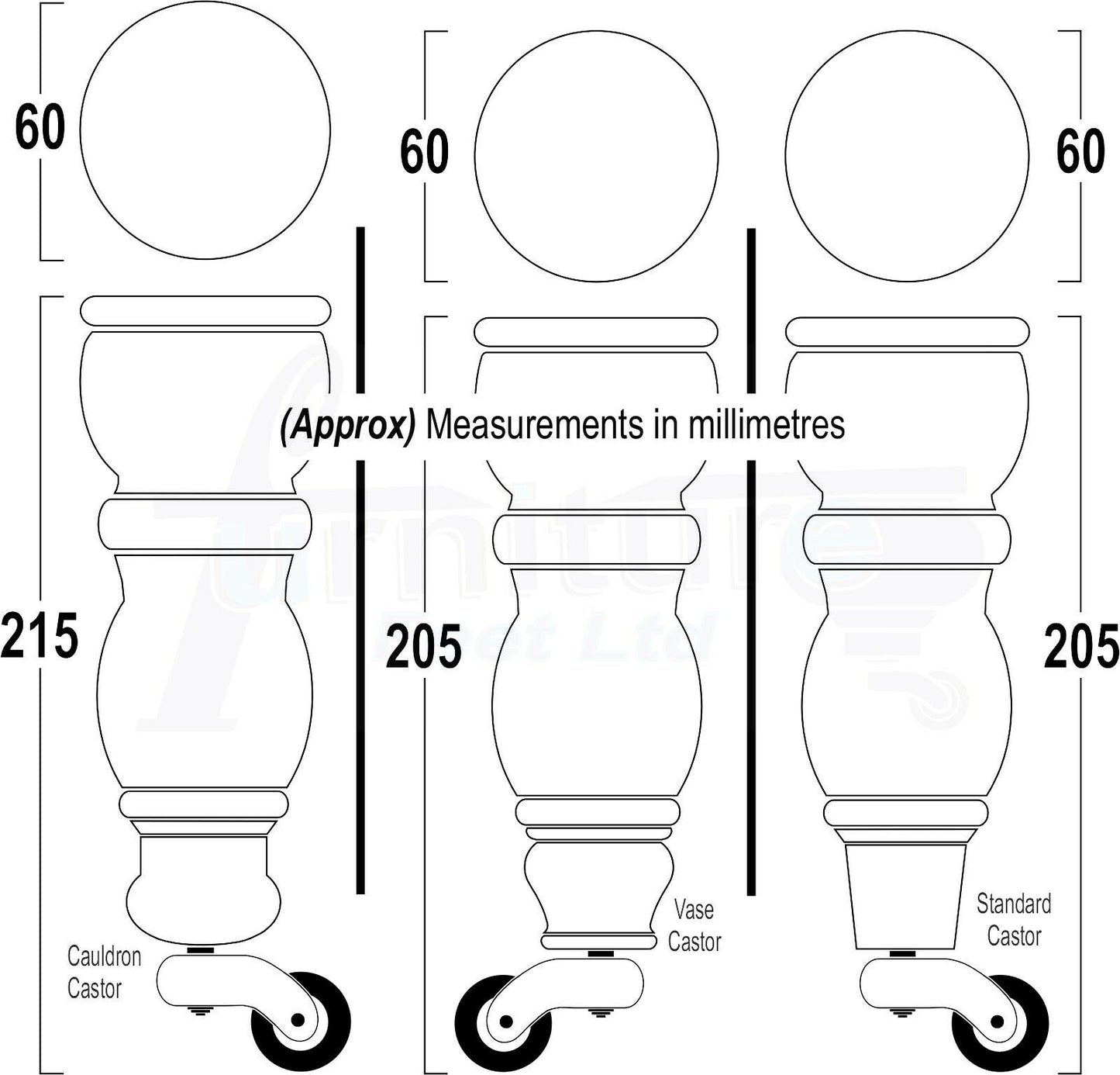 4x Furniture Feet With Castor 205mm High Legs Silver Wood M8 Sofas Chairs Stools Cabinets 8 Inches Tall