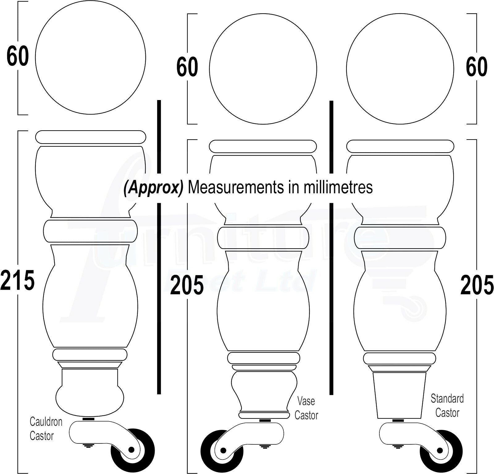 4x Furniture Feet With Castor 205mm High Legs Silver Wood M8 Sofas Chairs Stools Cabinets 8 Inches Tall