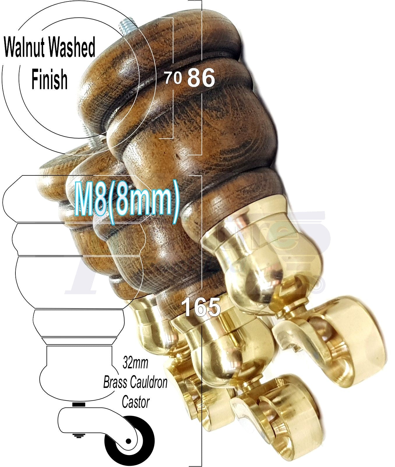 4 Turned Wood Furniture Feet With Brass Cauldron Castors 160mm Legs Sofas Chairs Stools Cabinets Beds M8 6 Inches