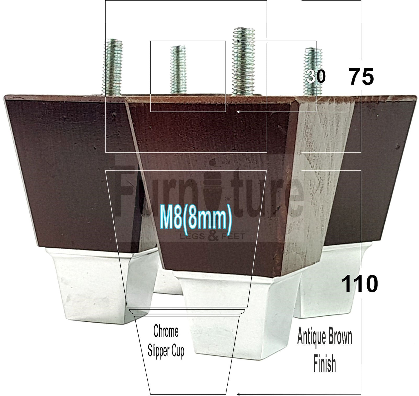 4x Block Wood With A Chrome Slipper Cup Furniture Chair Settee Legs M8 Sofa Feet 110mm