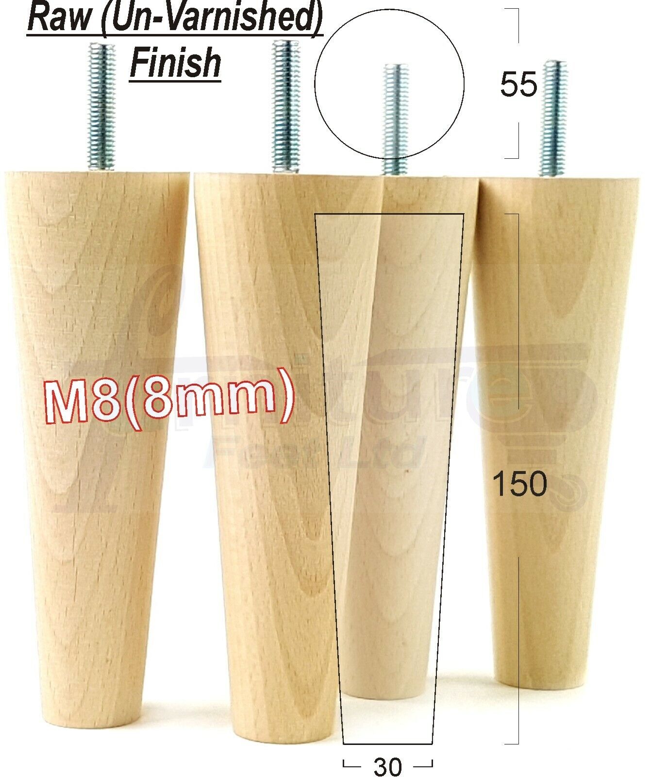 Modern Turned Solid Wood Furniture Feet 150mm High Mid Century Retro Tapered Replacement Legs M8 Set of 4 Sofa Chairs Stools Cabinets Beds