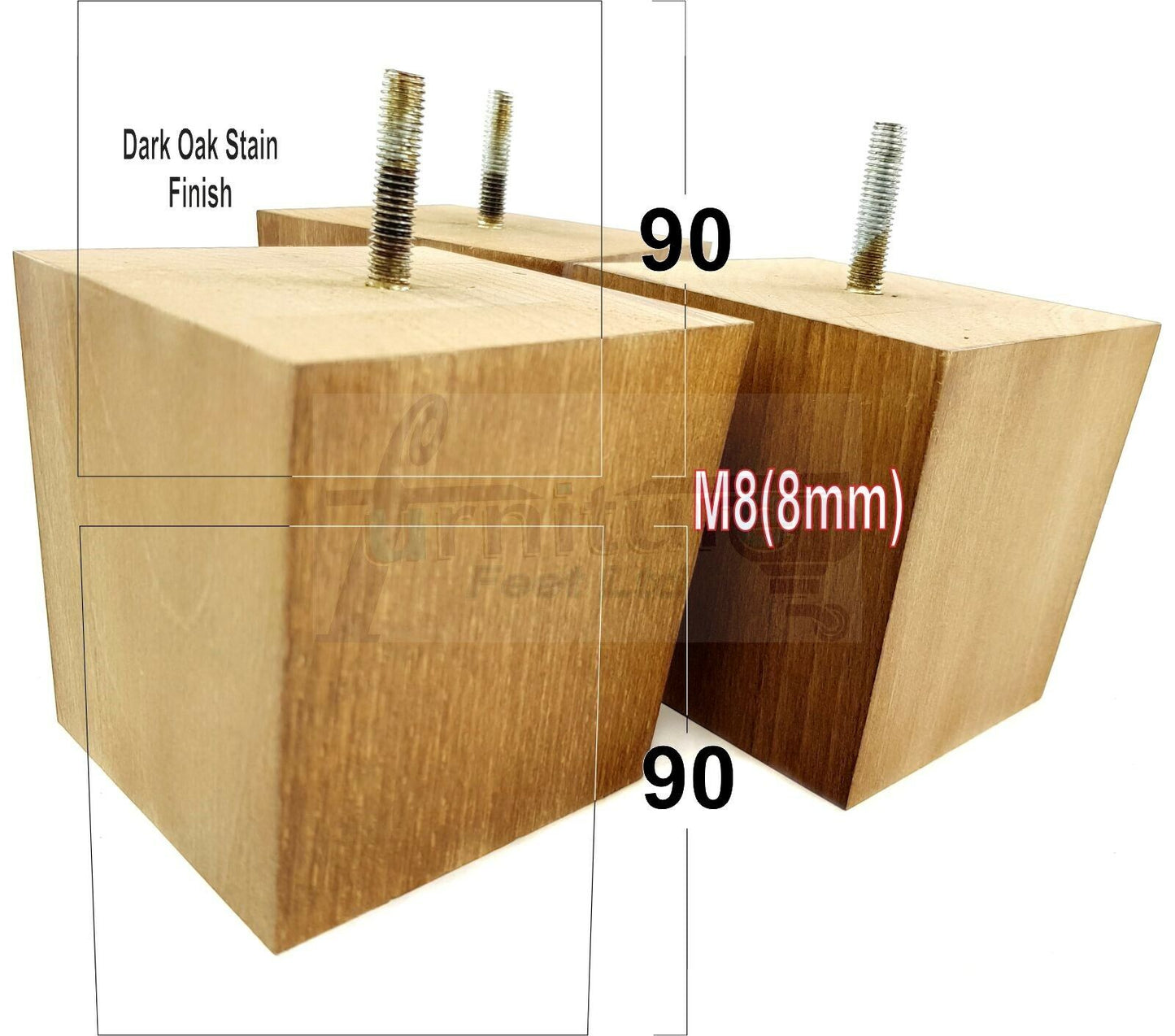 4x Solid Wood Square Feet Replacement Block Legs 90mm High Furniture Chairs Stools Sofa Beds Settee Cabinets 8mm Thread