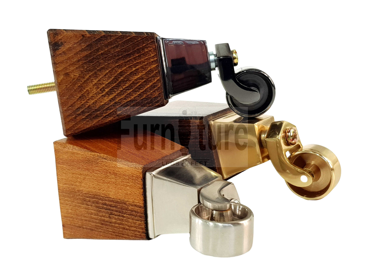4x Block Wood Furniture Legs With Castor 8mm Thread For Chairs Settees Sofa 150mm High