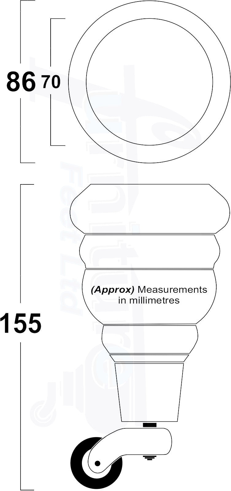 Solid Wood Furniture Legs With Castors Set of 4 Antique Brown Stain 6 Inch Feet 160mm High M8 