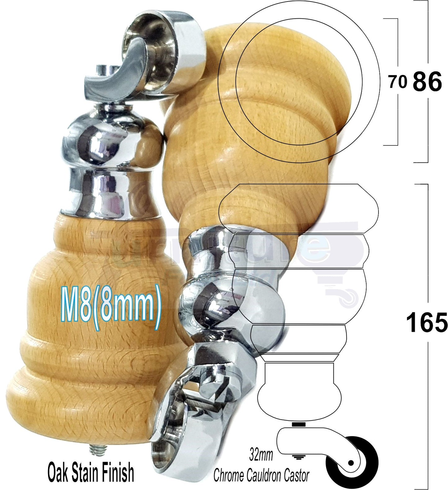 4 Turned Wood Furniture Feet With Chrome Cauldron Castors 155mm Legs Sofas Chairs Stools Cabinets Beds M8 6 Inches