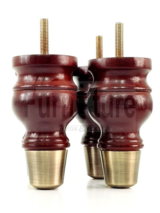 4x Turned Wooden Furniture Leg Brass Slipper Cup Sofa, Chair Feet 110mm High M8