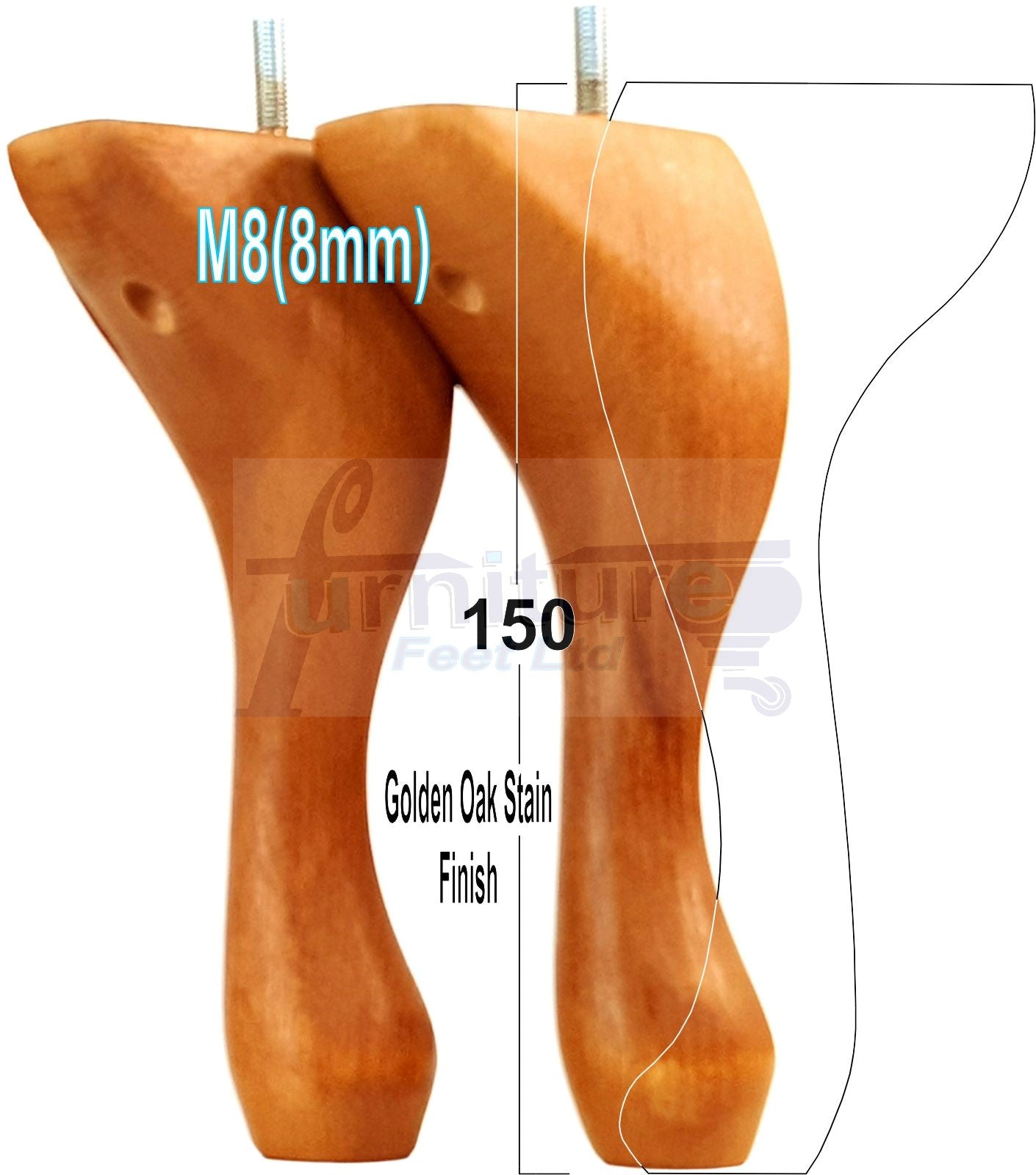 4 Solid Wood Furniture Feet 150mm High Queen Anne Replacement Legs M8 (8mm) 6 Inches Chair Stools Bed Sofa Georgian Style