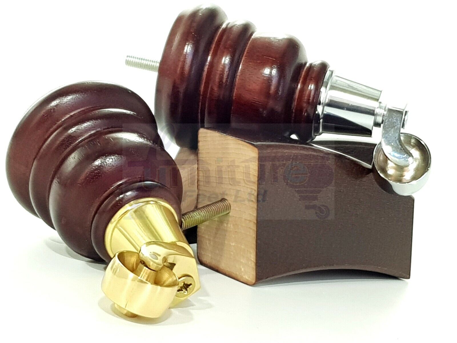 2 Replacement Wood Furniture Legs With Castors & 2 Curved Feet Mahogany 155mm Chair Sofa Stool M10