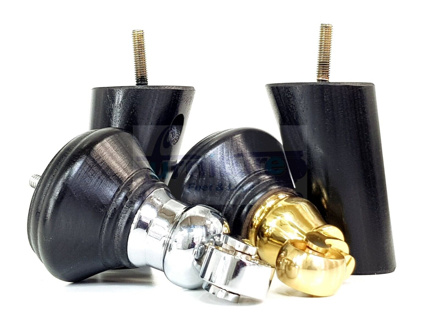 2 Black Wood Furniture Sofa Legs With Castor 125mm & 2 Angled Back Feet Chair Settee 100mm High M8