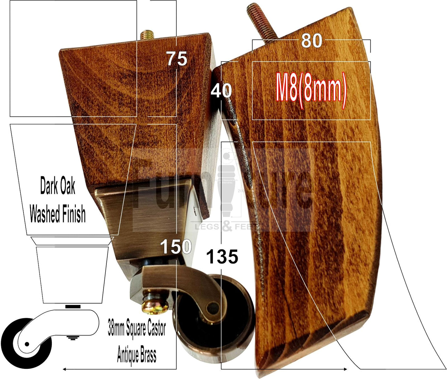 Set Of 4 Block Wood Furniture Feet With Antique Castor 8mm Thread For Chairs Settees Sofa 150mm High