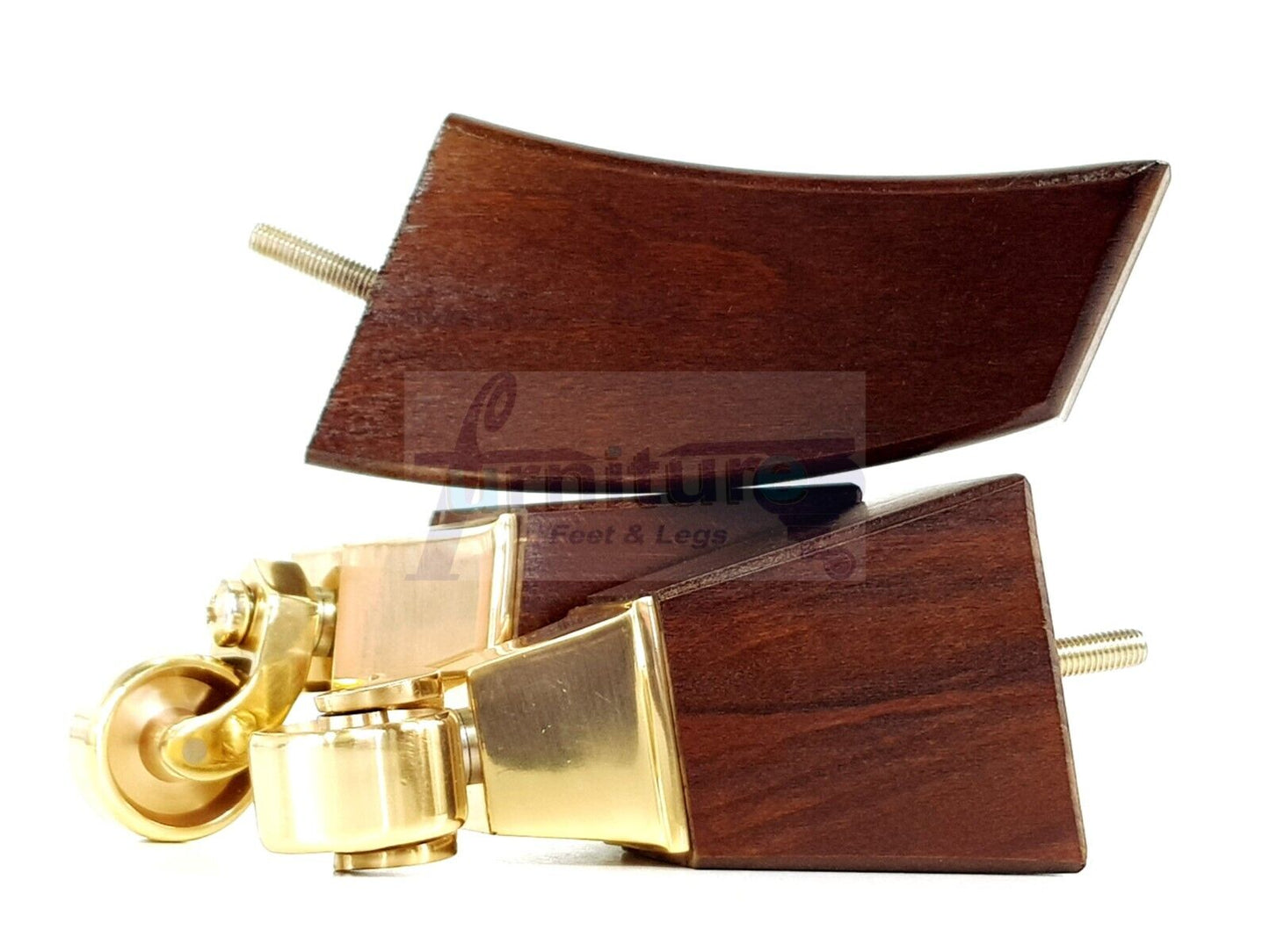 2x Cuved Wood Furniture Legs & 2x Brass Castor Feet 150mm High For Chairs Sofas Settees 8mm Thread