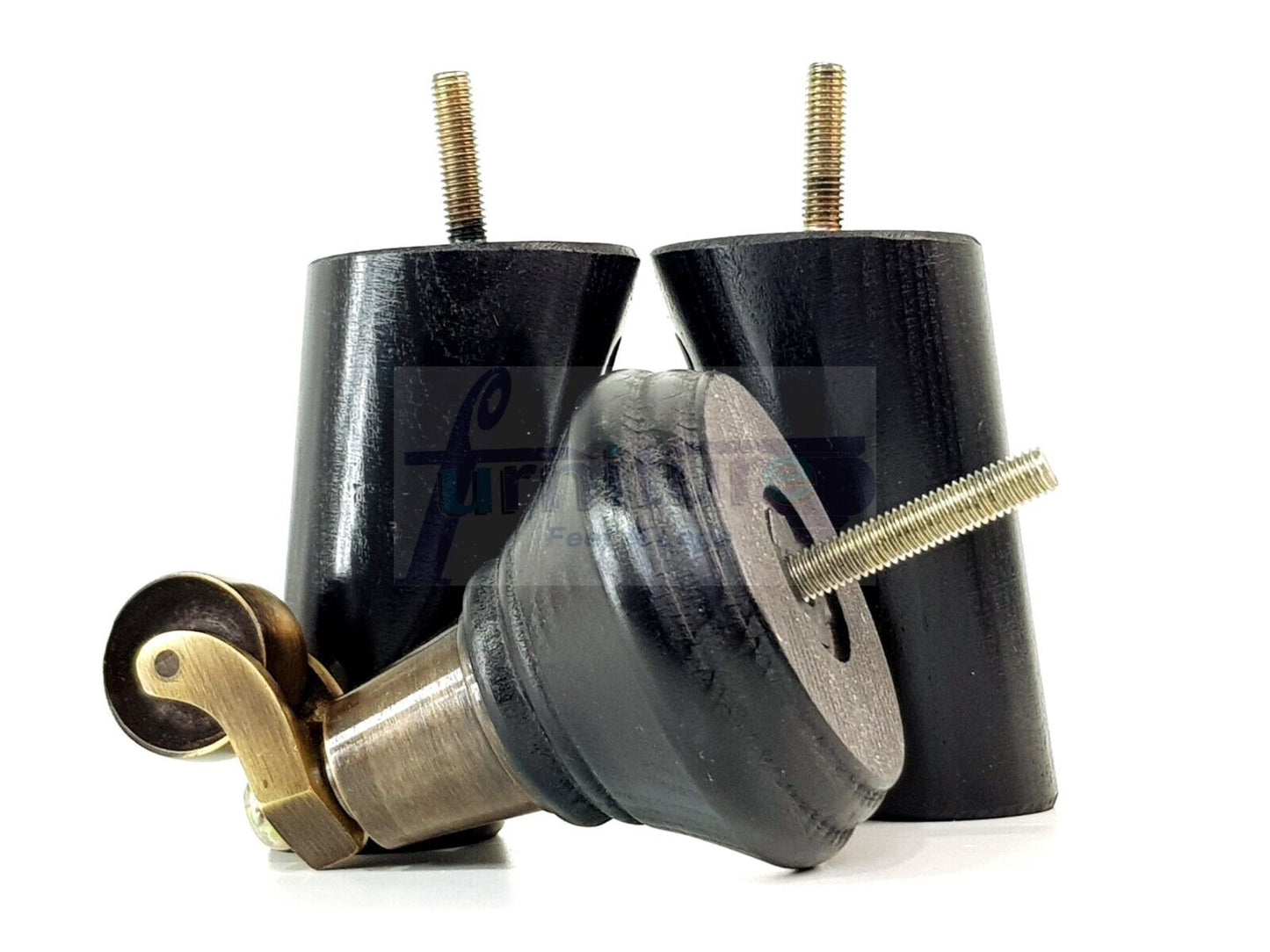 2 Black Wood Furniture Sofa Legs With Castor 125mm & 2 Angled Back Feet Chair Settee 100mm High M8