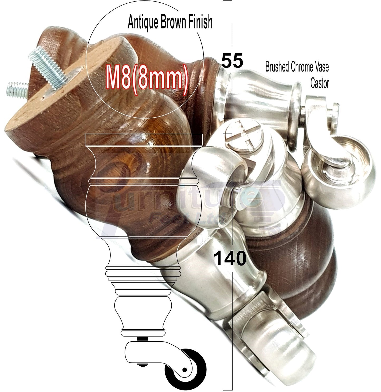 Set Of 4 Turned Wood Furniture Legs With Brushed Chrome Castor 140mm High M8(8mm) For Chairs Settees & Cabinets