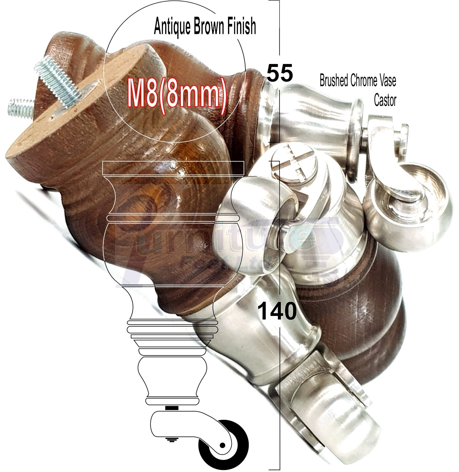 Set Of 4 Turned Wood Furniture Legs With Brushed Chrome Castor 140mm High M8(8mm) For Chairs Settees & Cabinets