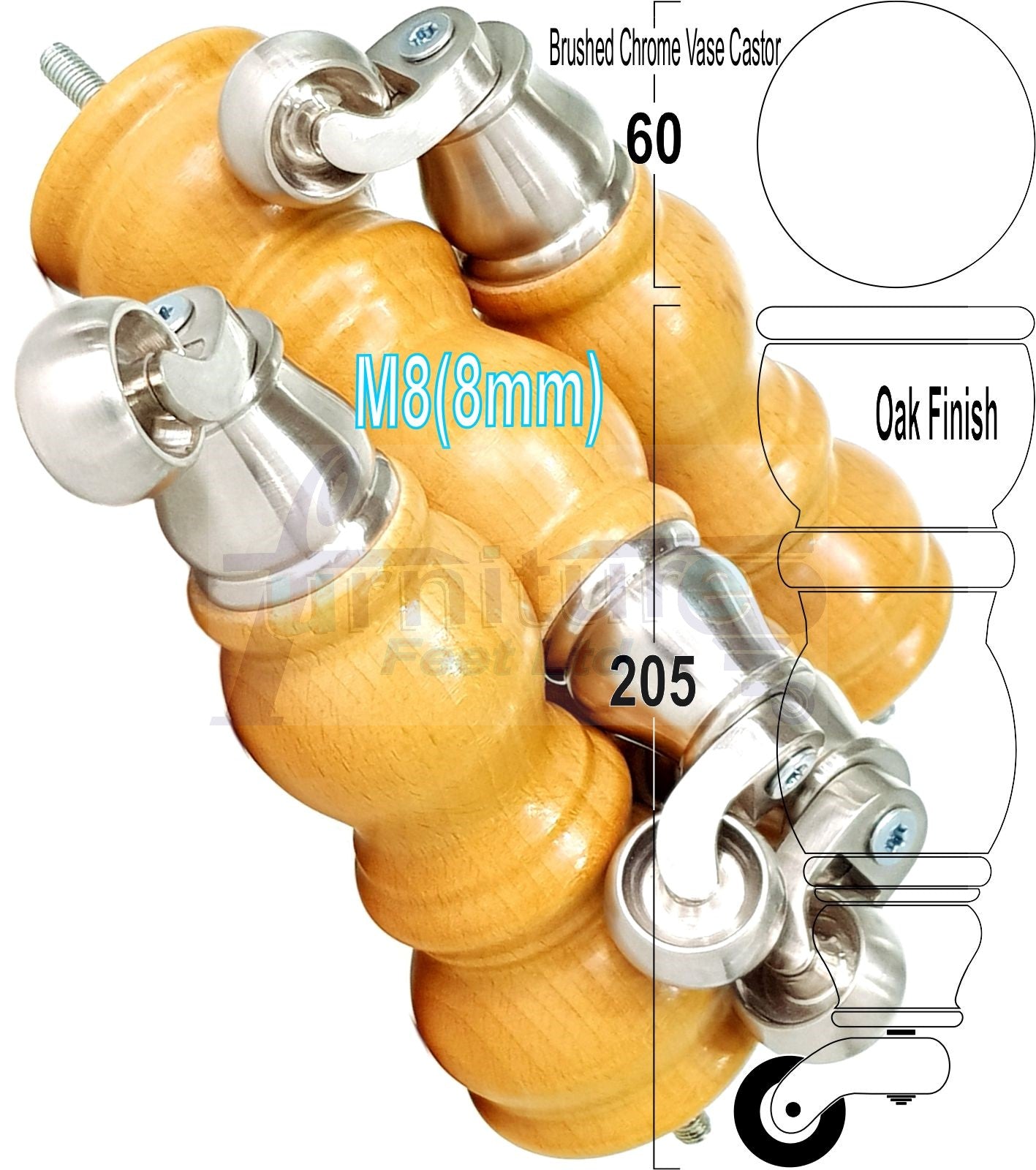 Solid Wood Furniture Feet With Castors Set of 4 Legs 205mm High For Sofas Chairs Stools Cabinets & Beds M8