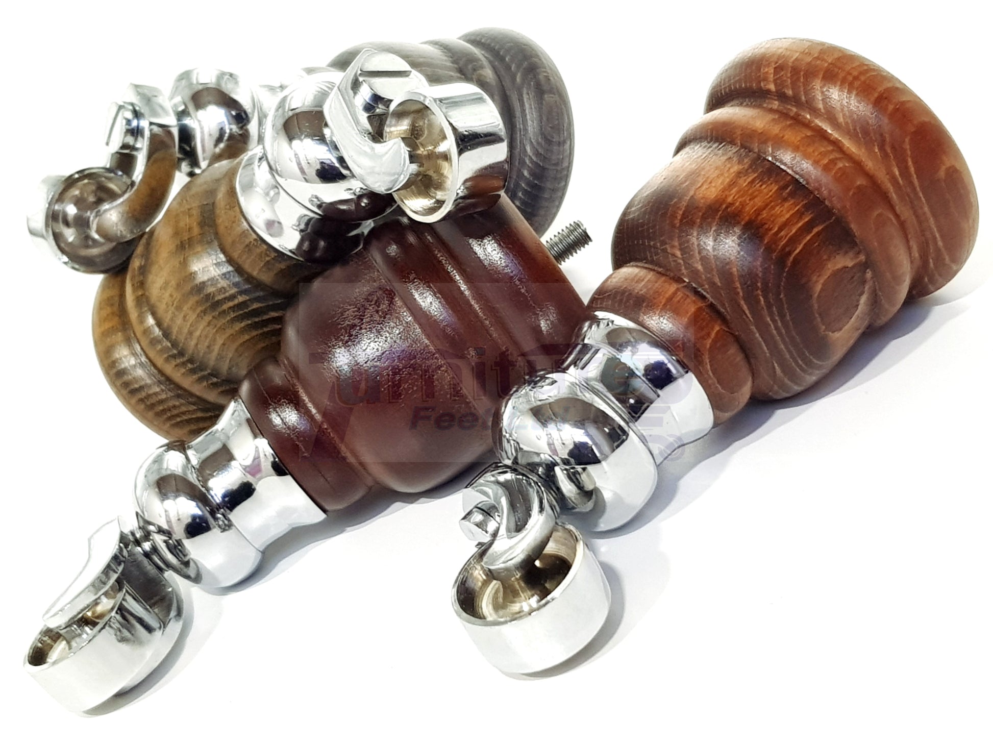 4 Turned Wood Furniture Feet With Chrome Cauldron Castors 155mm Legs Sofas Chairs Stools Cabinets Beds M8 6 Inches
