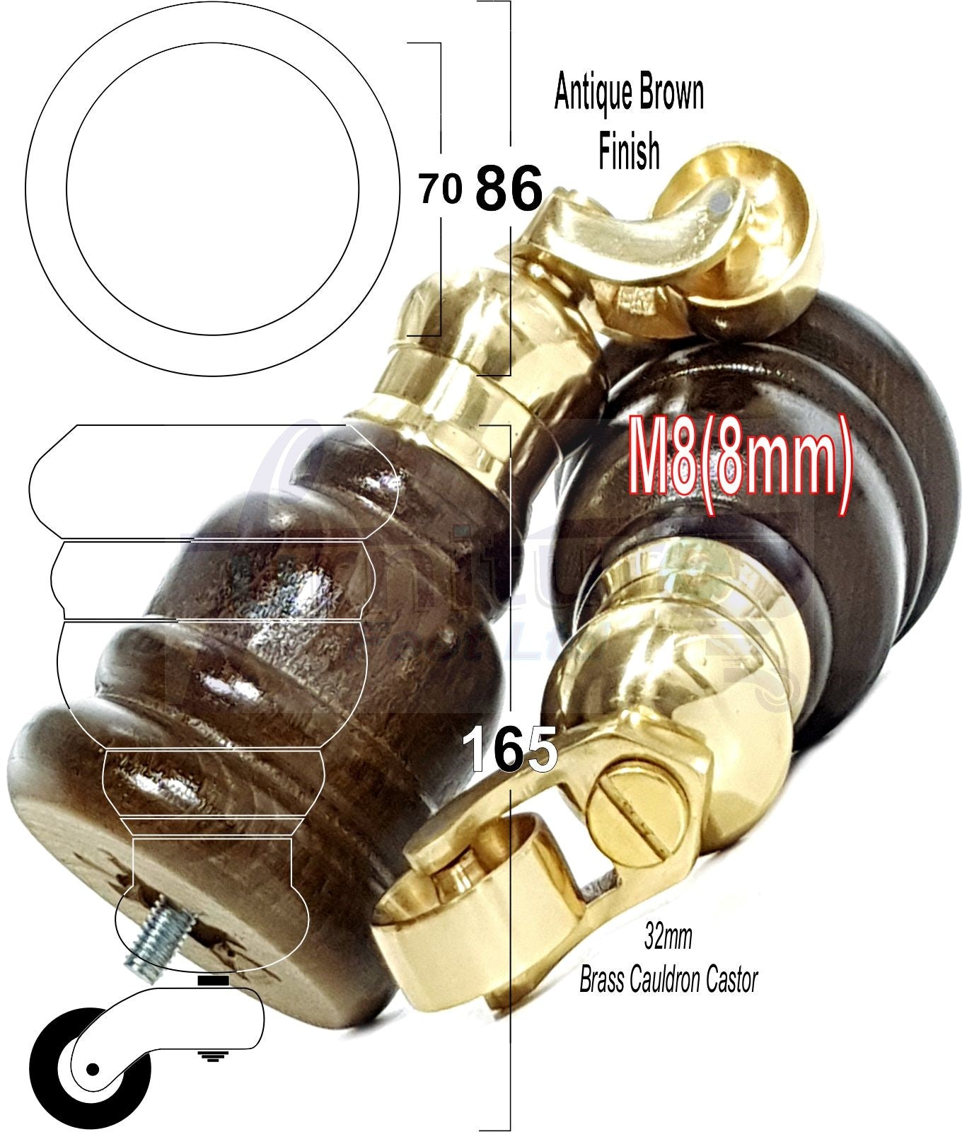 4 Turned Wood Furniture Feet With Brass Cauldron Castors 160mm Legs Sofas Chairs Stools Cabinets Beds M8 6 Inches