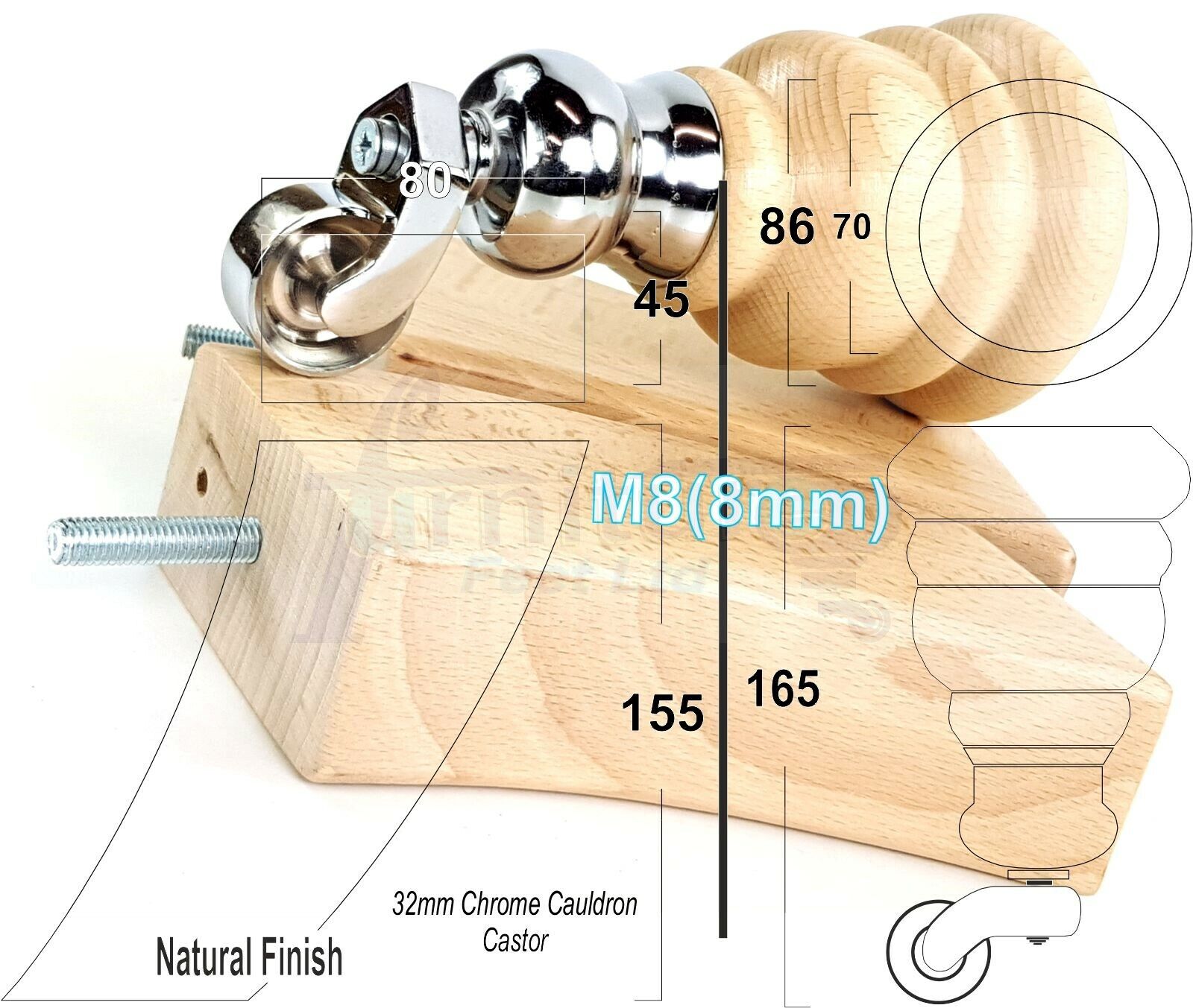 Turned Natural Wood Furniture Feet 2 With Castors 155mm and 2 Curved Back Legs Sofas Chairs Stools Cabinets Beds M8 6 Inches