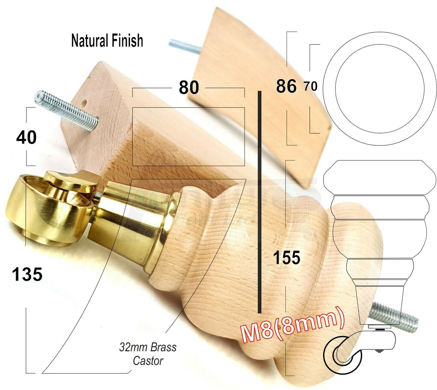 Turned Natural Wood Furniture Feet 2 With Castors 155mm and 2 Curved Back Legs Sofas Chairs Stools Cabinets Beds M8 6 Inches