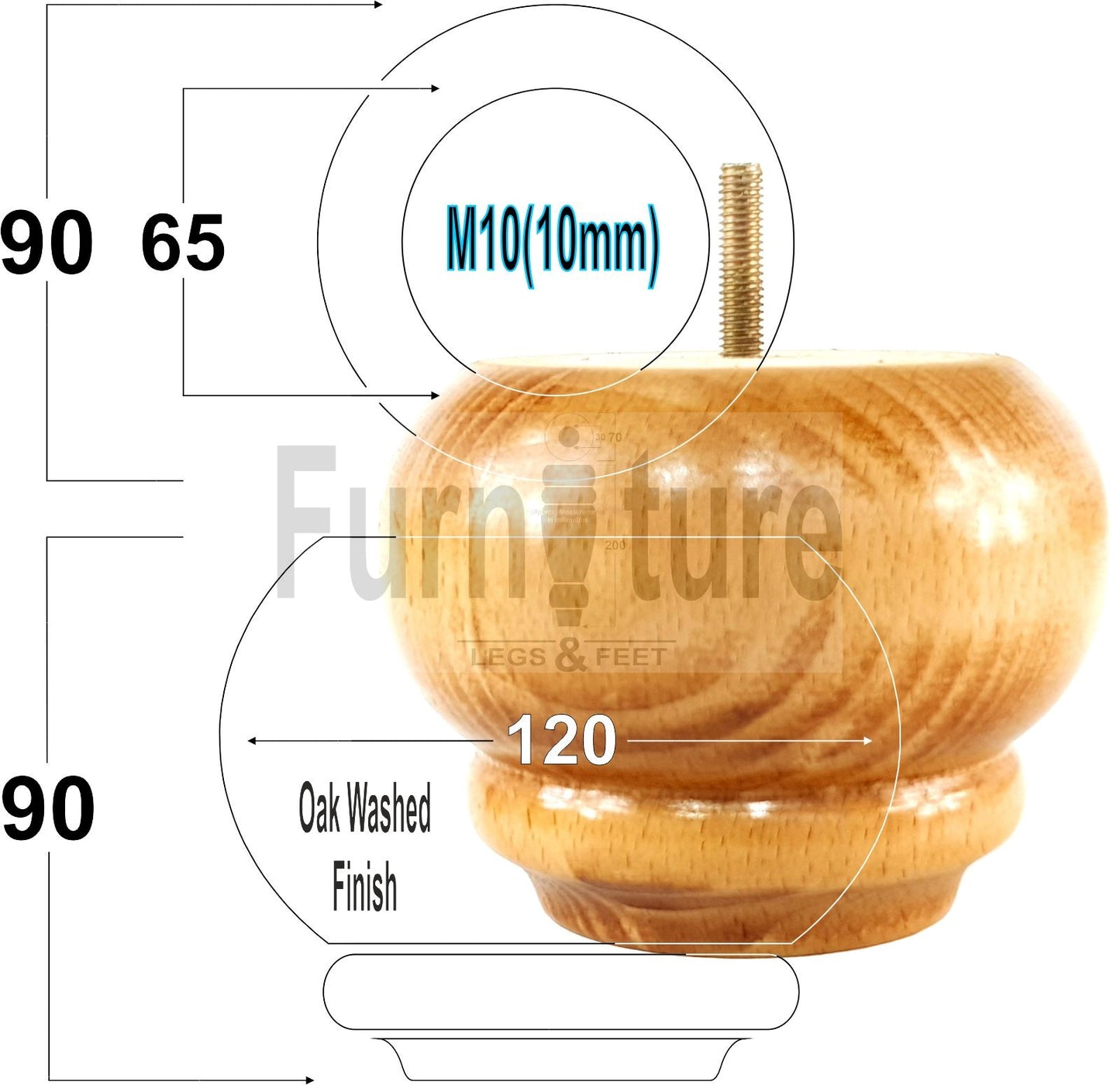  4 Turned Wooden Furniture Legs Replacement Feet 50mm High 10mm Thread For Settees, Chairs