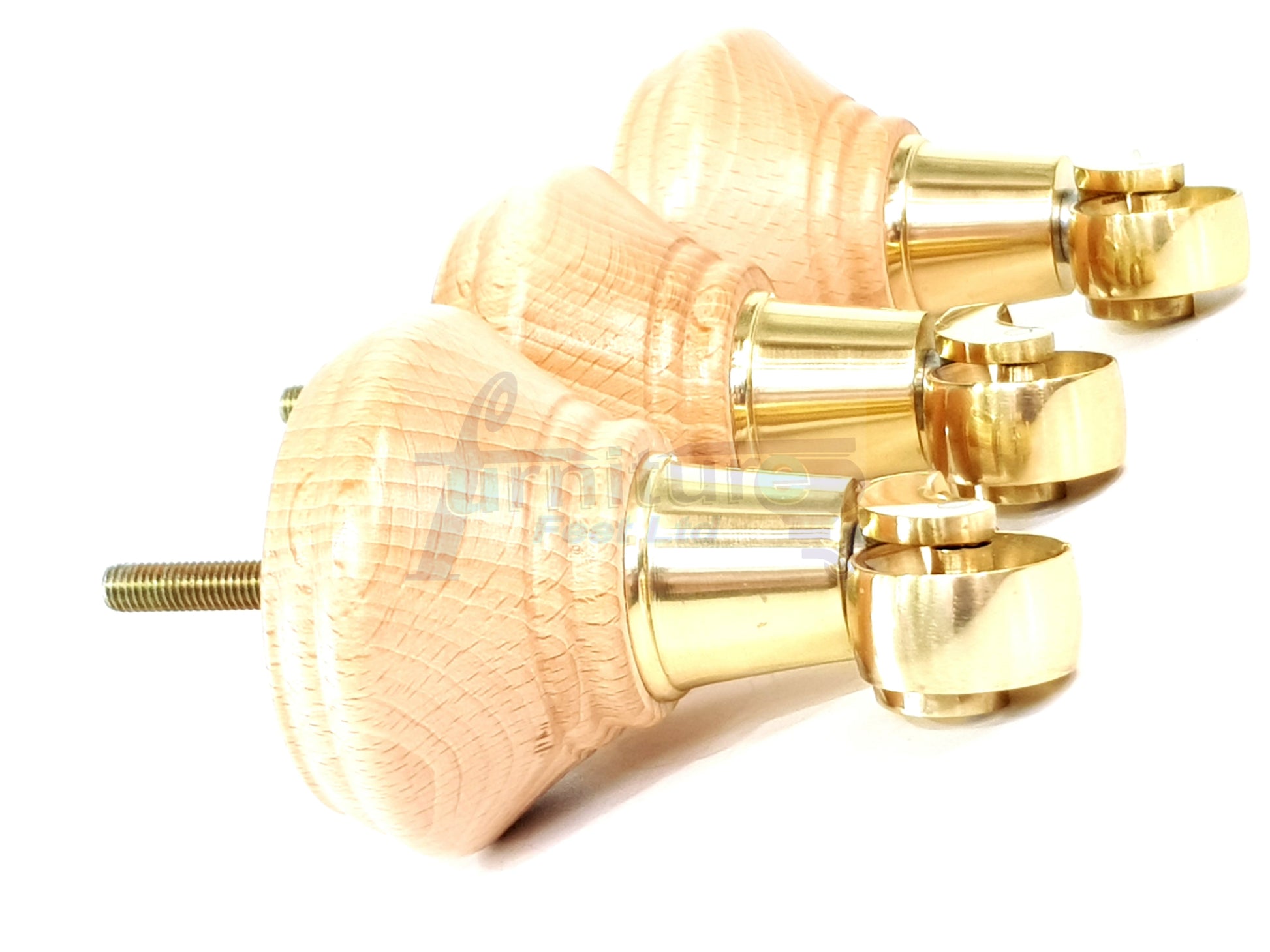 4x Natural Wooden Furniture Sofa Legs M8 With Brass Castors Replacment Chair Settee Feet 115mm - 125mm High