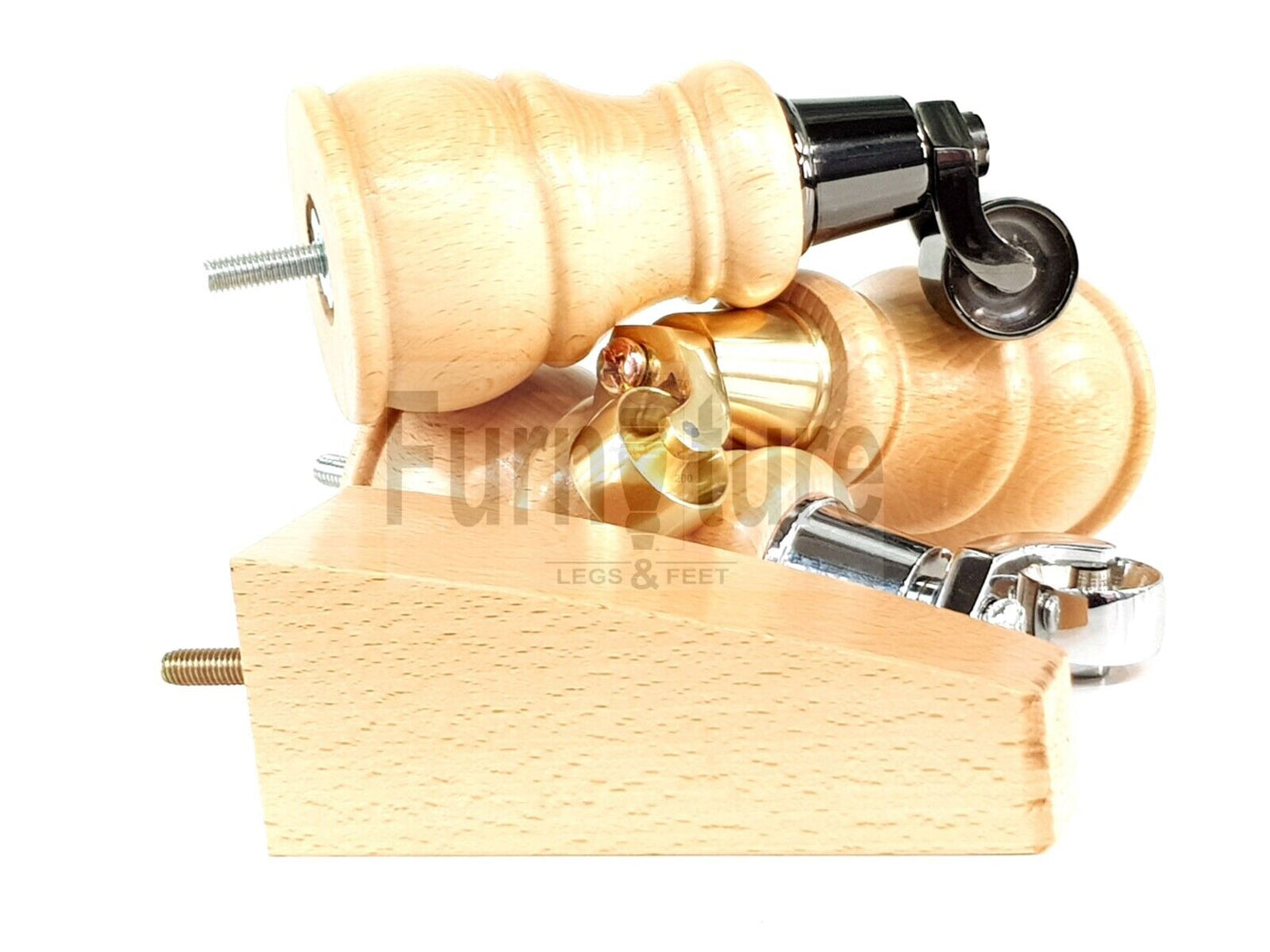 2 Wooden Castor Furniture Sofa Legs & 2 Curved Back Feet  Natural M8 Chair Settee Feet 160mm High