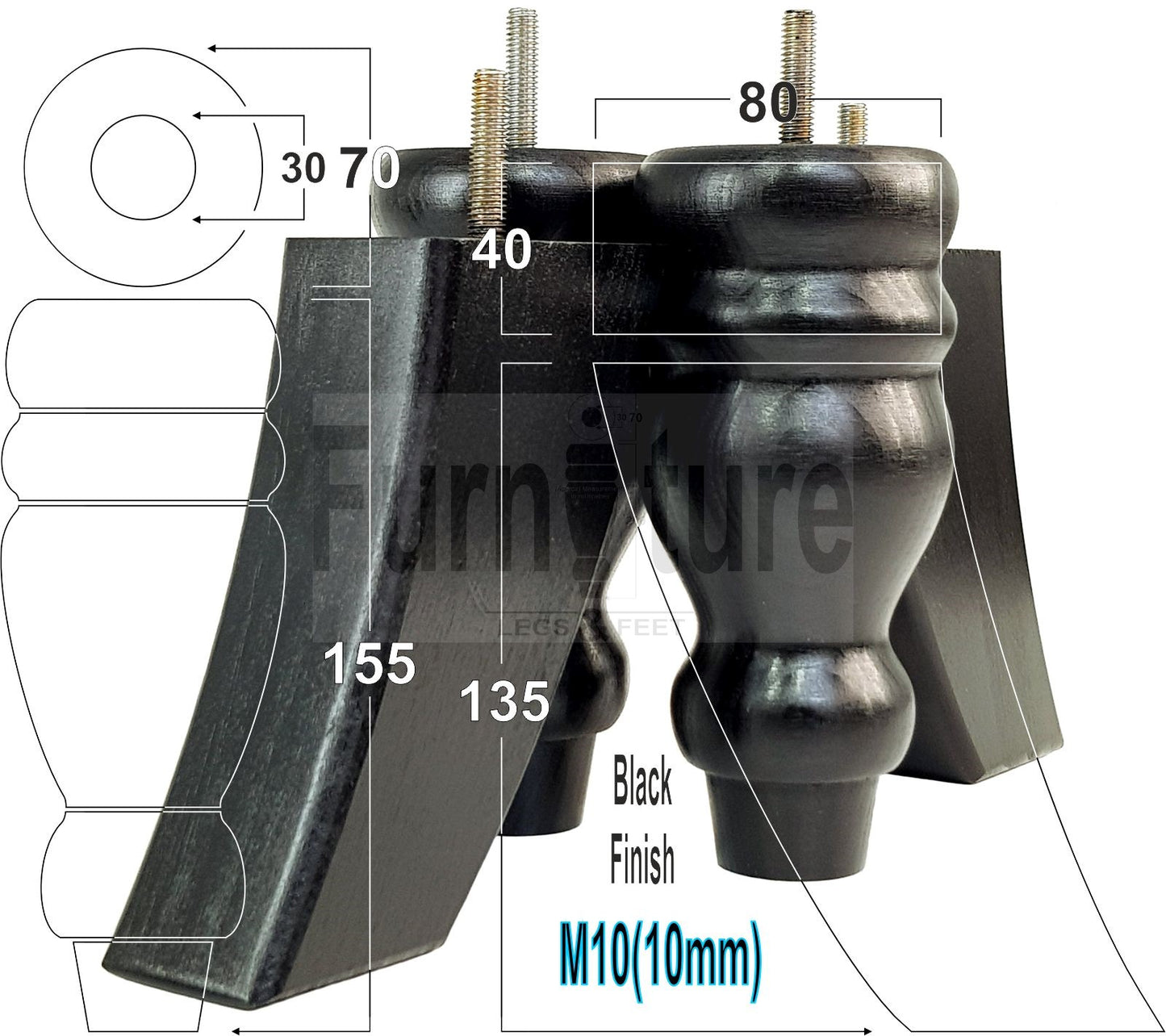 2x Turned Wood Furniture Feet 155mm and 2 Curved Back Legs Sofas Chairs Stools Cabinets Beds M10 Thread 6 Inches