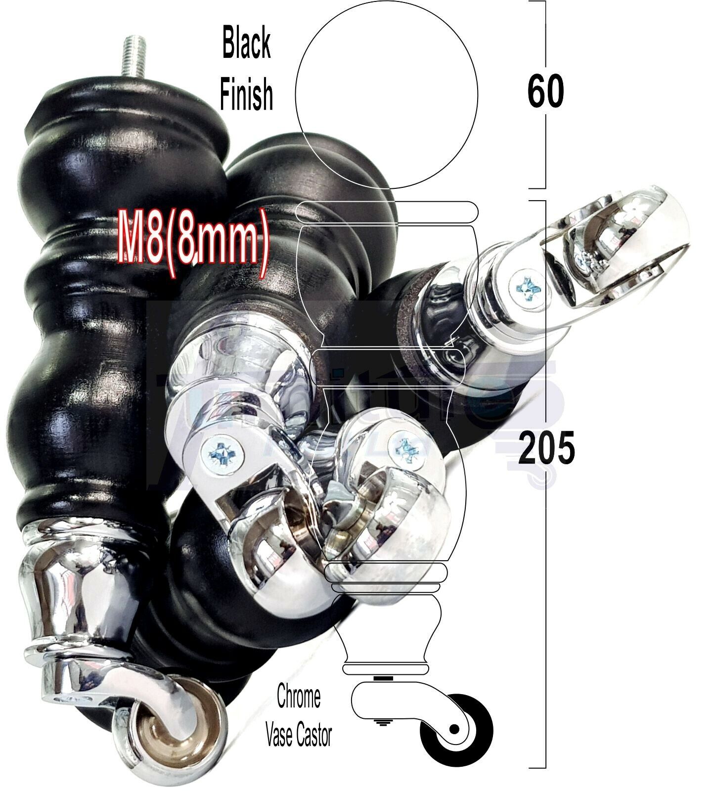 4x Furniture Feet With Castor 205mm High Legs Black Wood M8 Sofas Chairs Stools Cabinets 8 Inches Tall