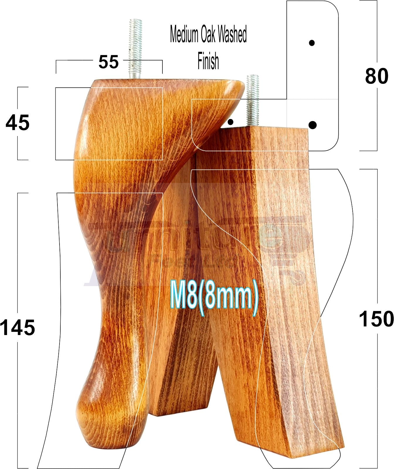 2x Vintage Queen Anne Replacement Furniture Legs & 2x Curved Back Feet 150mm 6 Inch High 8mm Thread