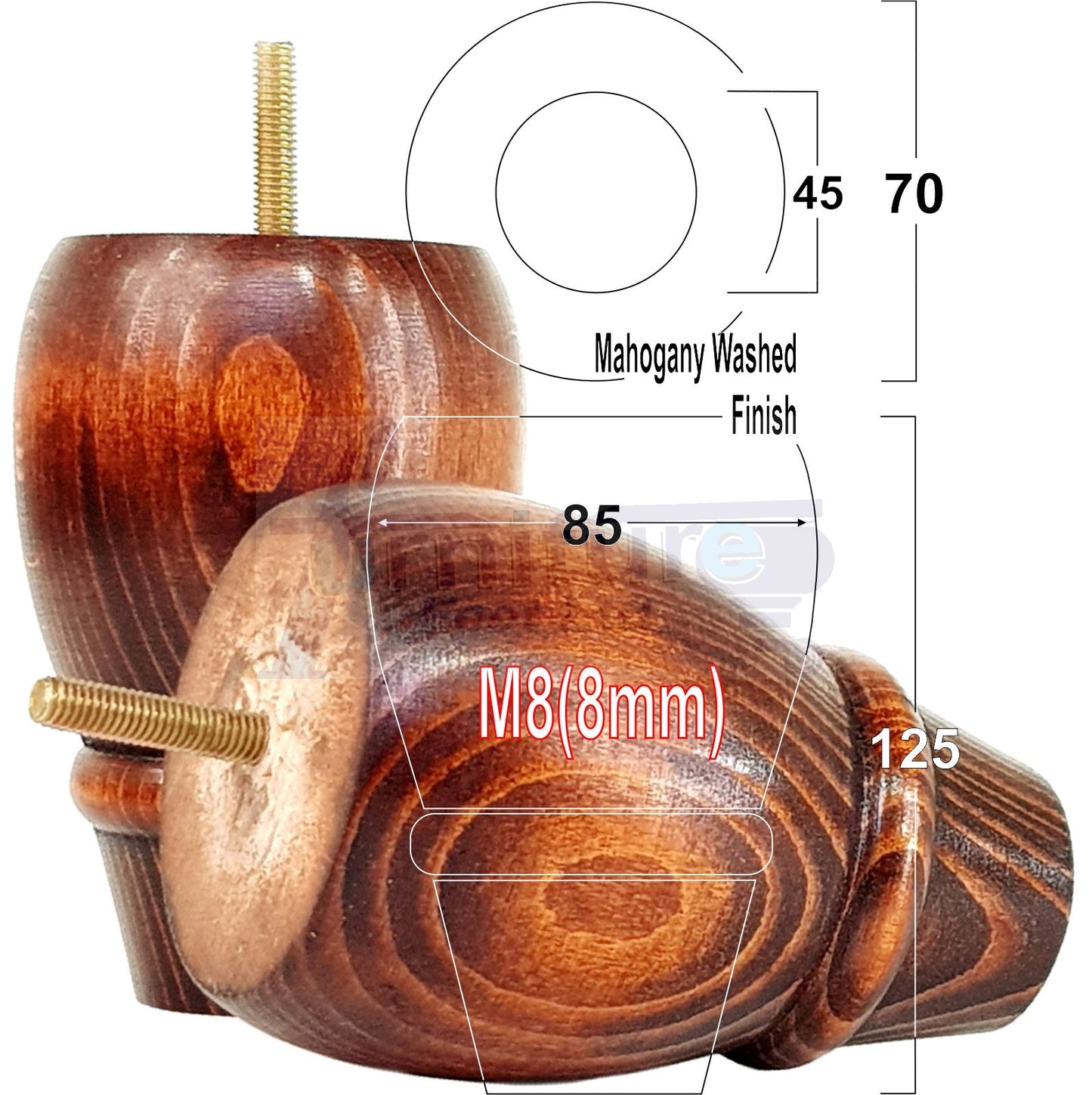 Set Of 4 Solid Wood Turned Replacement Furniture Legs 125mm High 8mm Thread