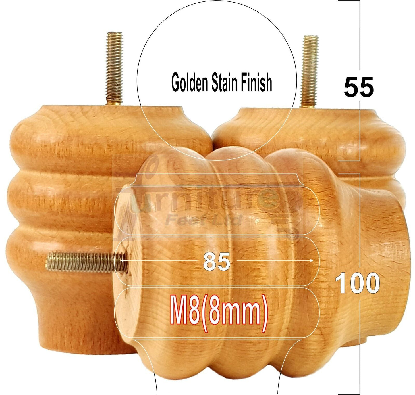 Set Of 4 Solid Wood Turned Furniture Legs Replacement Bun Feet 100mm High 8mm Thread