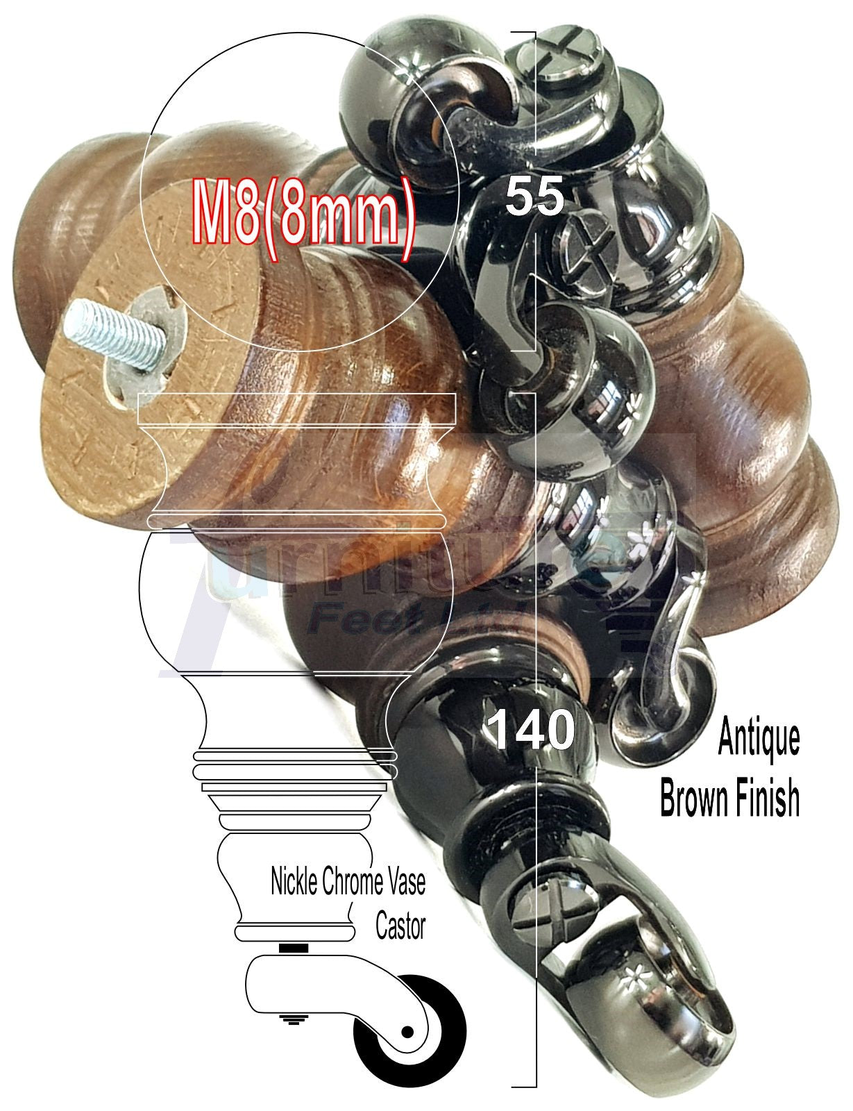 Set Of 4 Turned Wood Furniture Legs With 140mm High Castor 8mm Thread For Chairs Settees & Cabinets Antique Brown