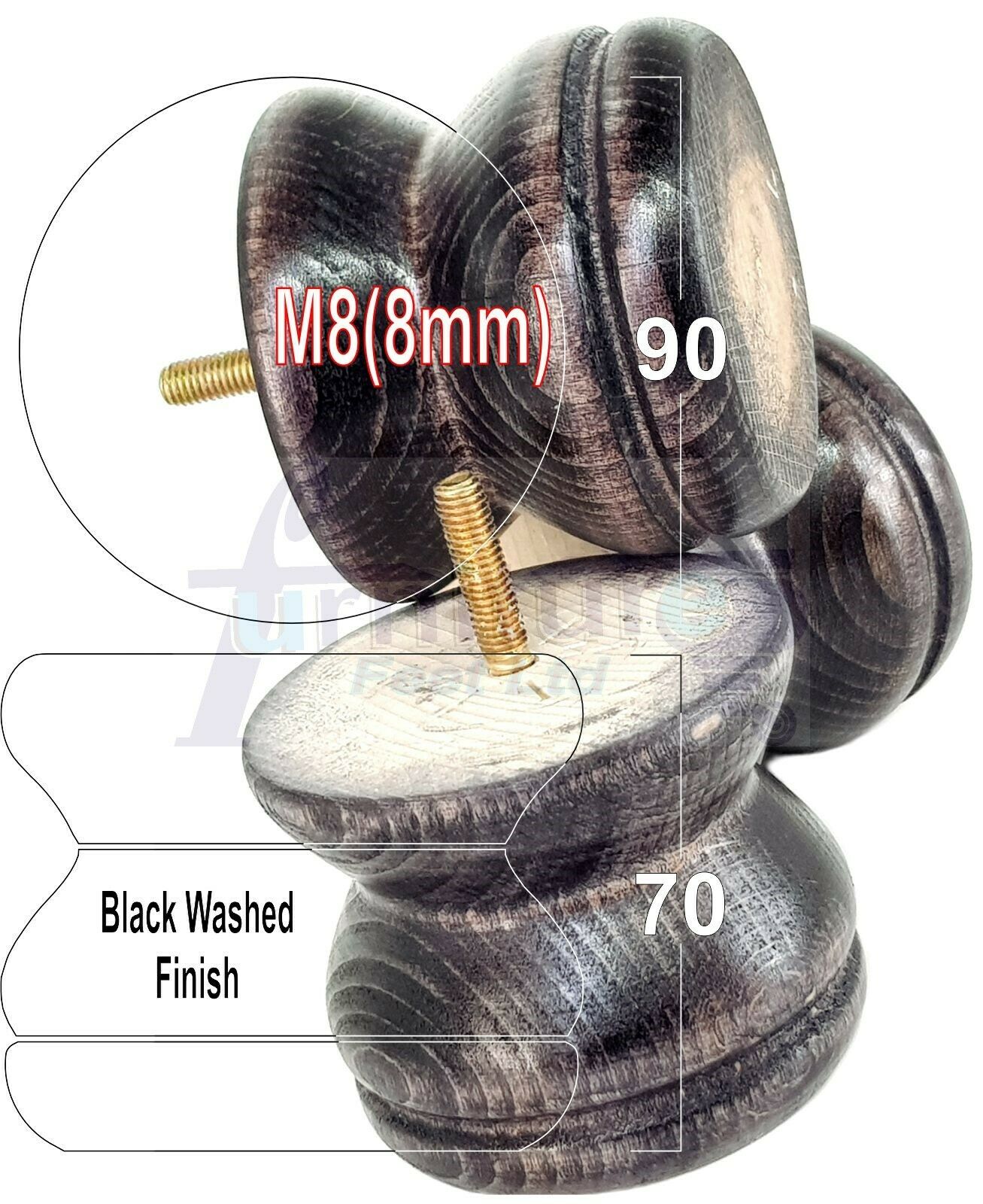 4x Turned Solid Wood Furniture Legs Replacement Bun Feet 70mm High 8mm Thread
