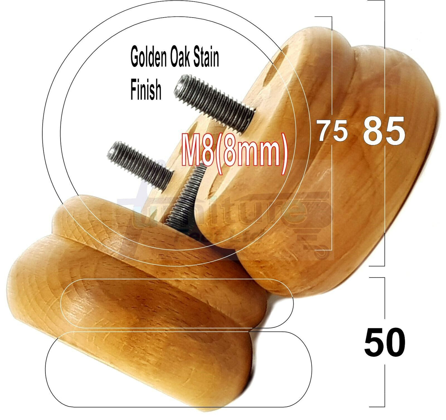 Set Of 4 Turned Wooden Furniture Legs Replacement Bun Feet 50mm High 8mm Thread