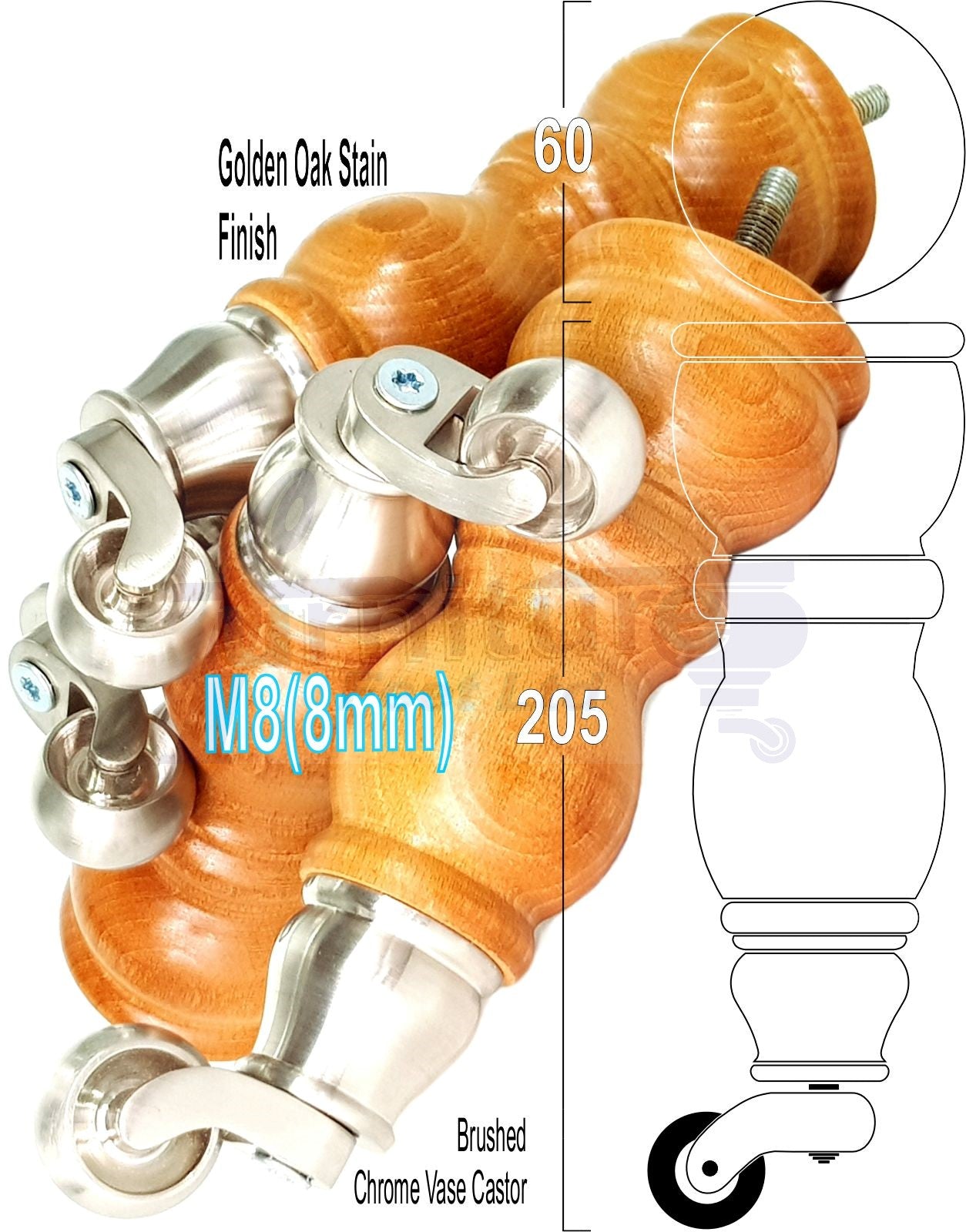 Solid Wood Furniture Feet With Castors Set of 4 Legs 205mm High For Sofas Chairs Stools Cabinets & Beds M8