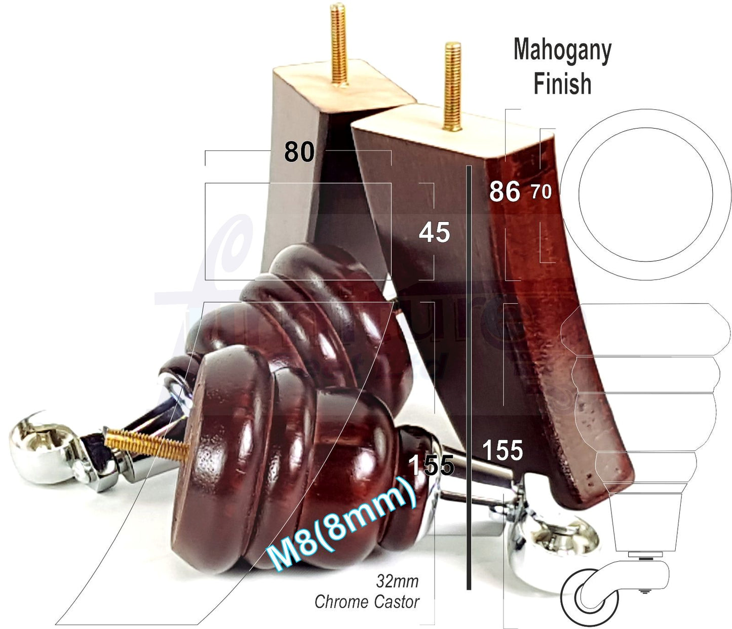 Mahogany Turned Wood Furniture Feet 2 With Castors 155mm and 2 Curved Back Legs Sofas Chairs Stools Cabinets Beds M8 6 Inches