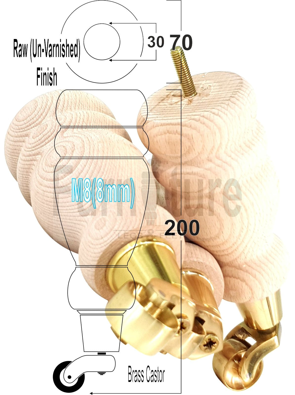 Set Of 4 Wooden Turned Replacement Furniture Legs 200mm High With Brass Castor Wheels 8mm Thread