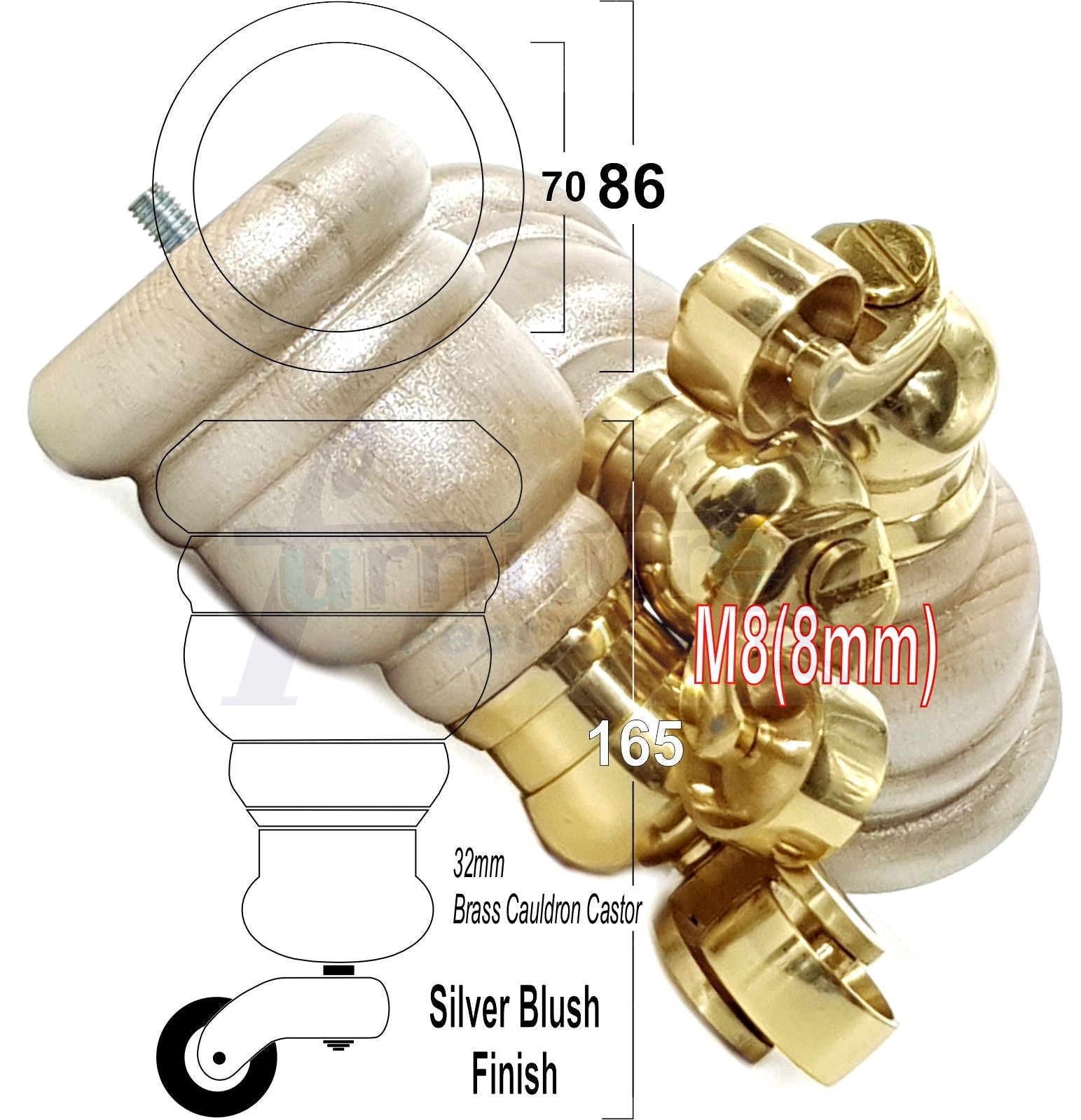 4 Turned Wood Furniture Feet With Brass Cauldron Castors 160mm Legs Sofas Chairs Stools Cabinets Beds M8 6 Inches