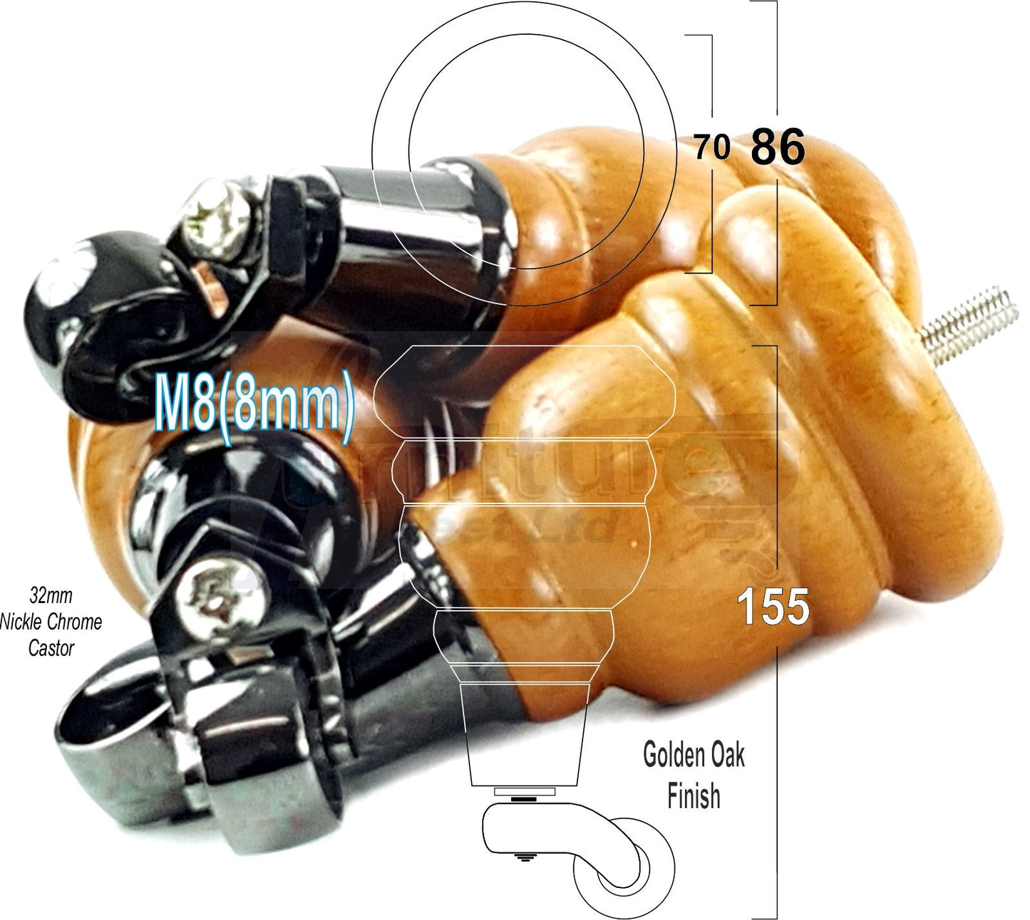 4 Turned Wood Furniture Feet With Black Chrome Castors 155mm Legs Sofas Chairs Stools Cabinets Beds M8 6 Inches