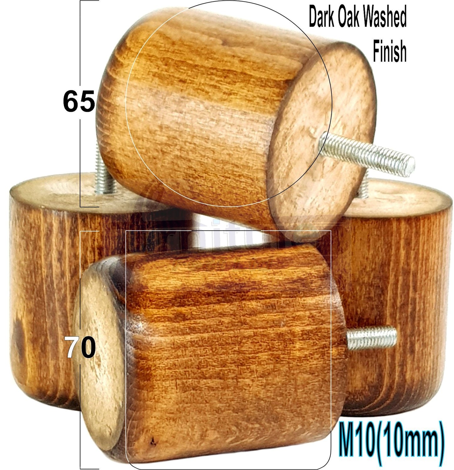 4x Solid Wood Turned Furniture Legs Replacement Bun Feet 70mm High 10mm Thread