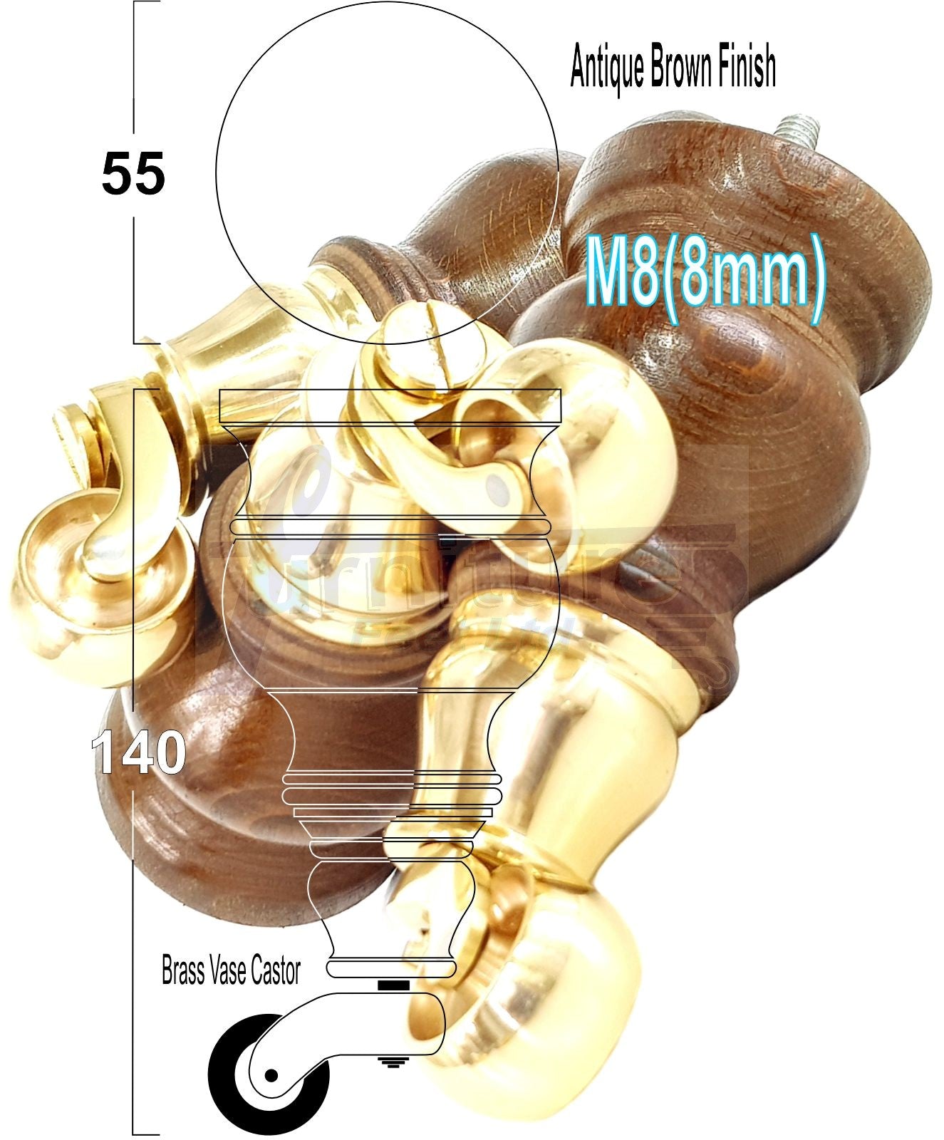 Set Of 4 Turned Wood Furniture Legs With 140mm High Castor 8mm Thread For Chairs Settees & Cabinets Antique Brown